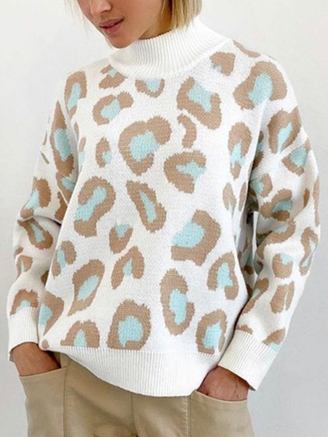 

LULU & SKY Animal Printed High Neck Pullover Sweater, White