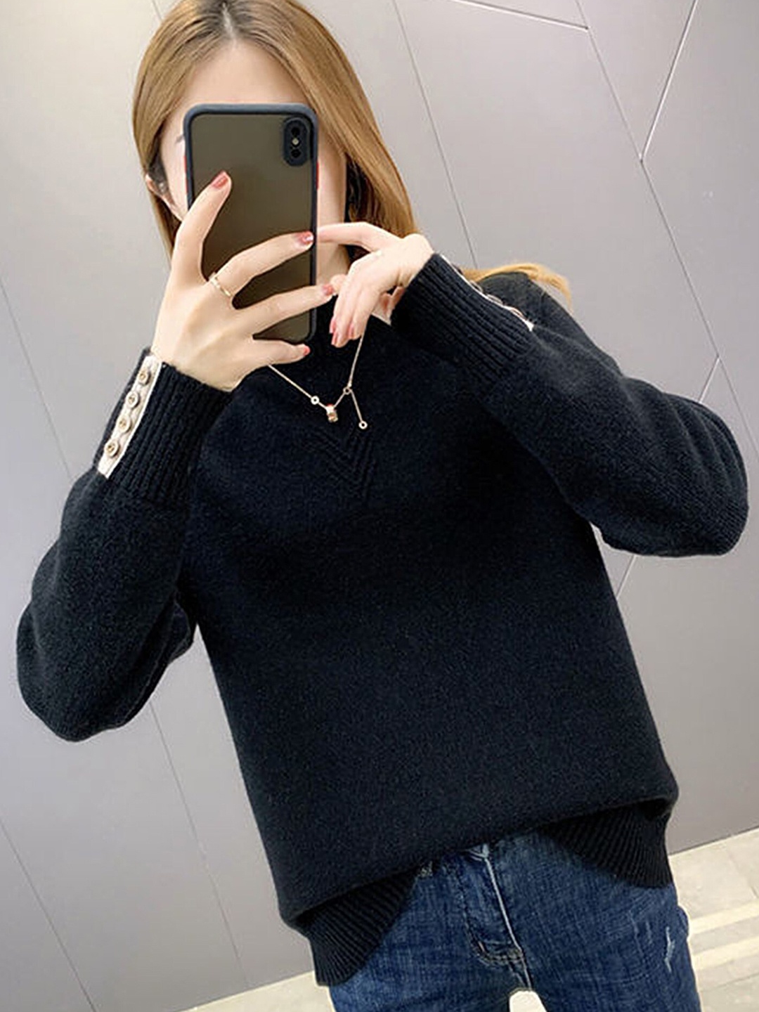 

LULU & SKY High Neck Button Detail Pullover Sweatshirt, Black