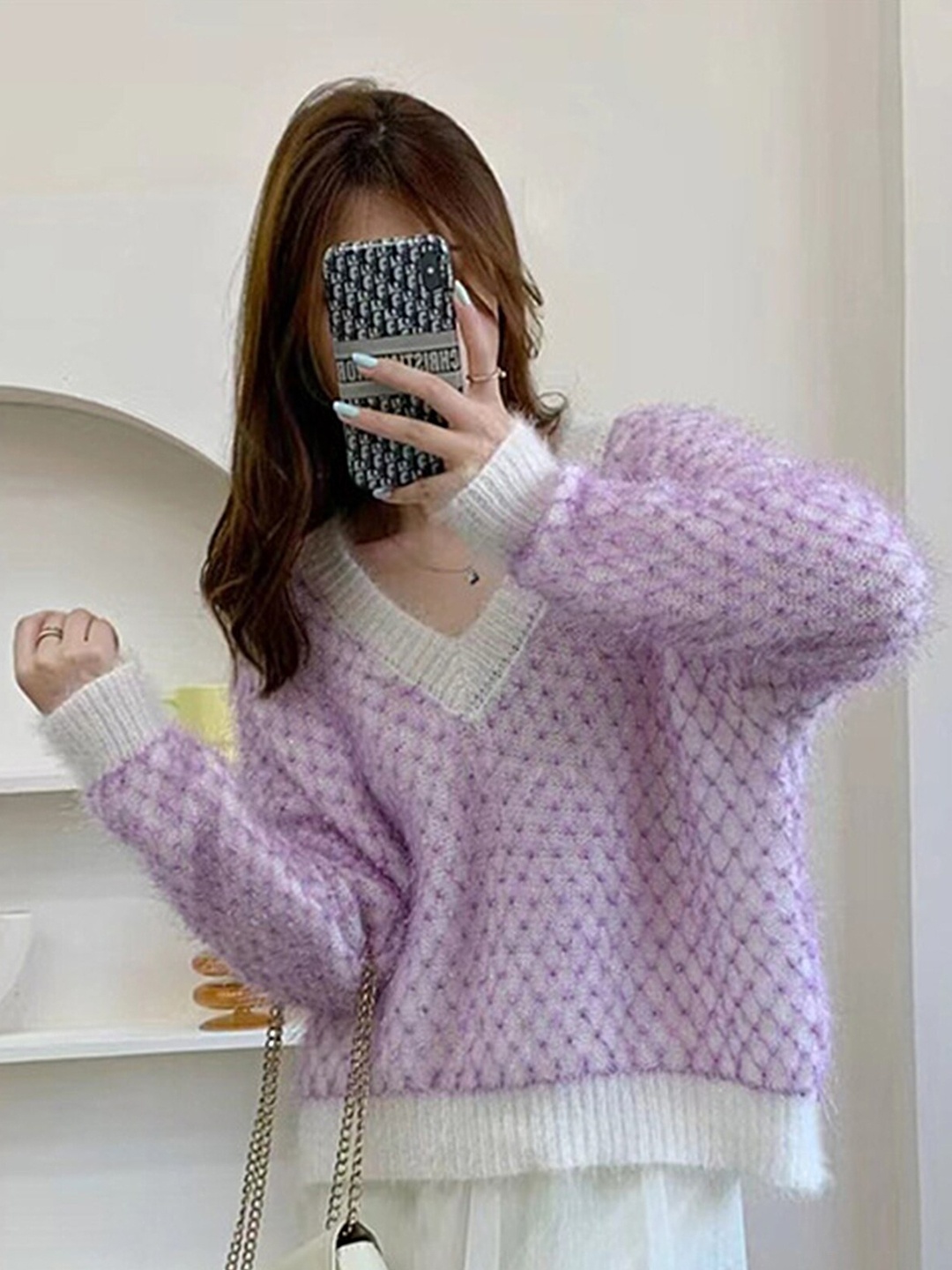 

LULU & SKY Self Design Cable Knit V-Neck Pullover, Purple