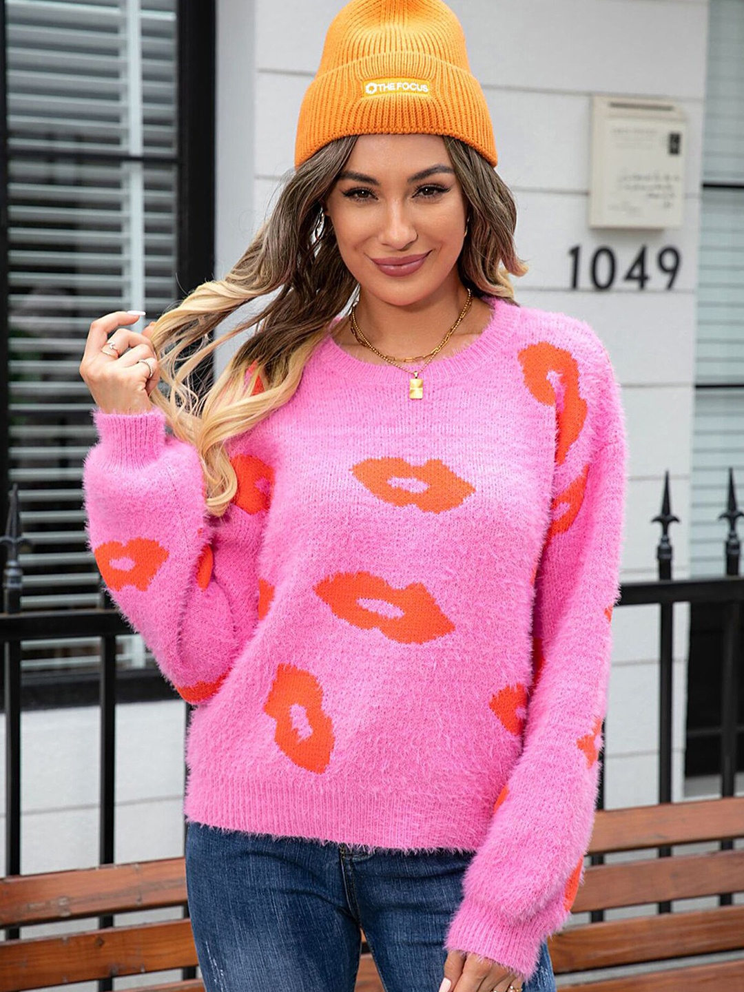 

LULU & SKY Graphic Printed Round Neck Pullover Sweaters, Pink