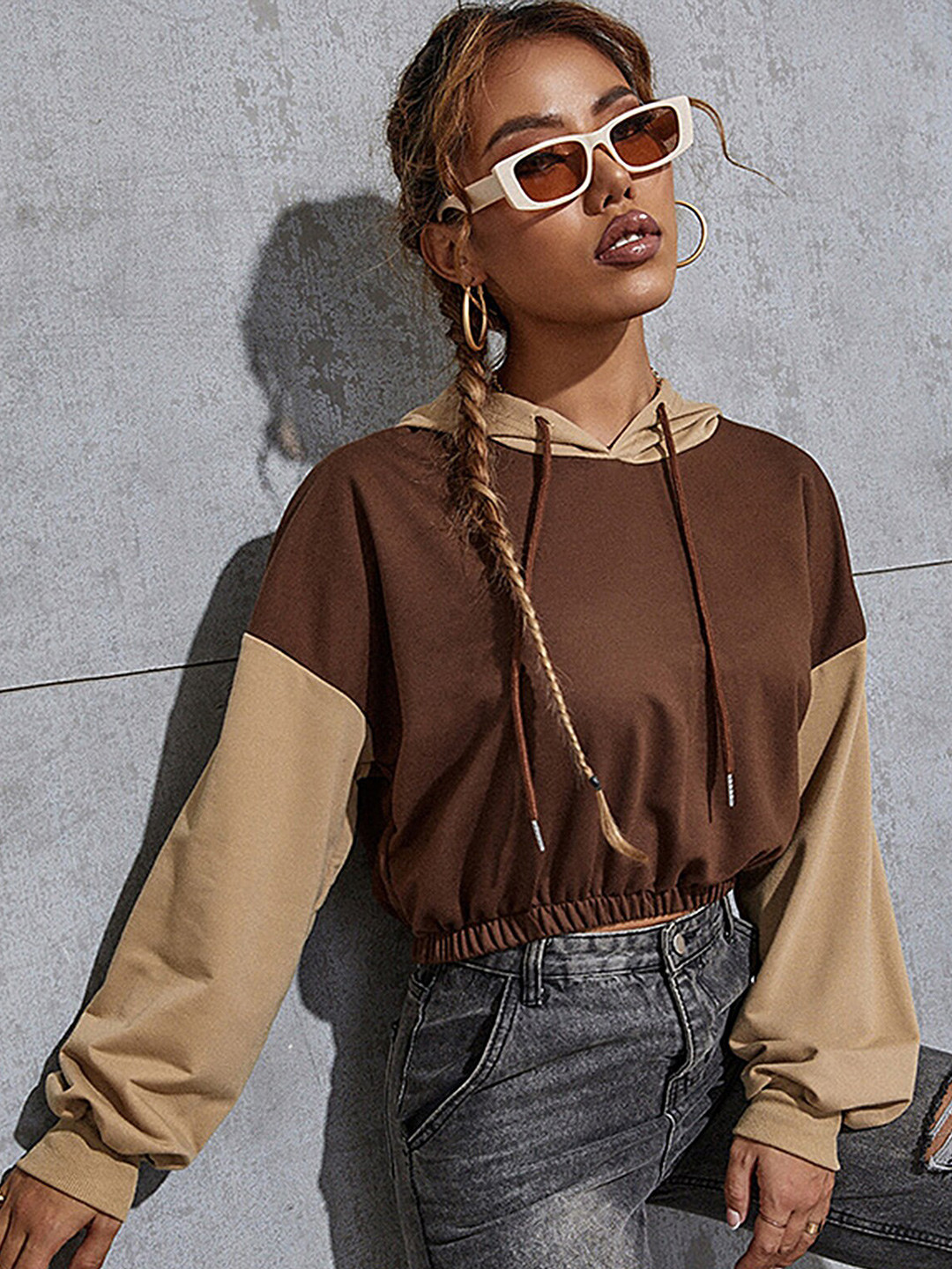 

LULU & SKY Hooded Cropped Pullover, Brown