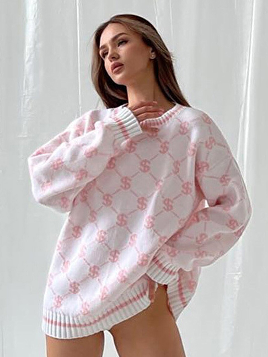

LULU & SKY Women Pink & White Printed Pullover