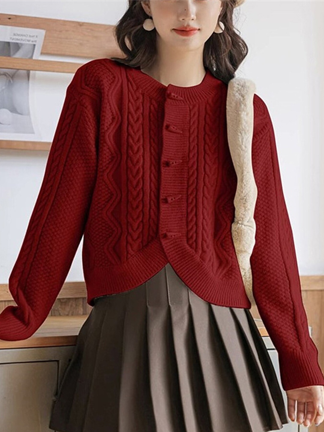 

LULU & SKY Cable Knit Cardigan Sweater, Maroon