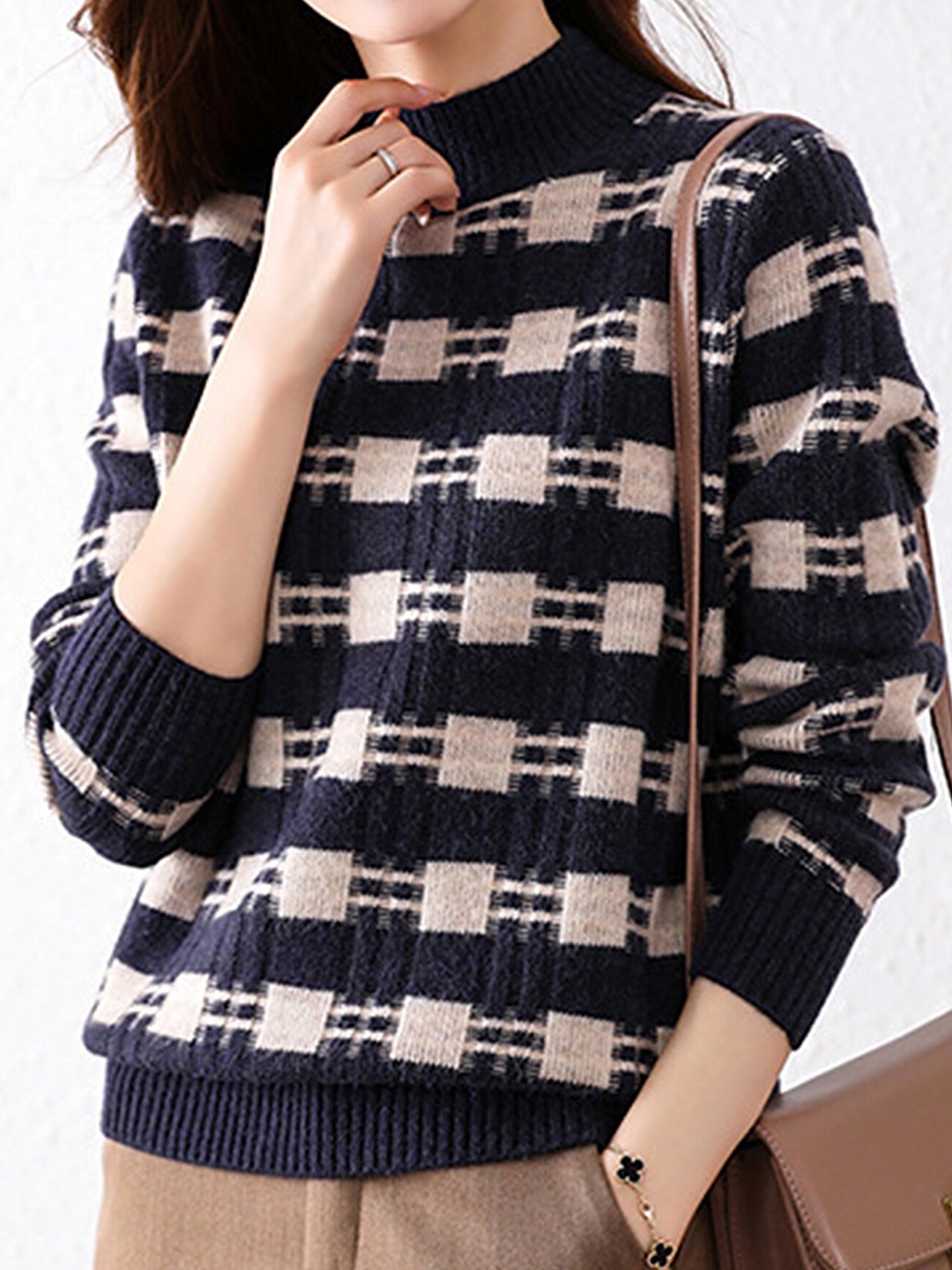 

LULU & SKY Self Design Mock Collar Pullover Sweaters, Blue