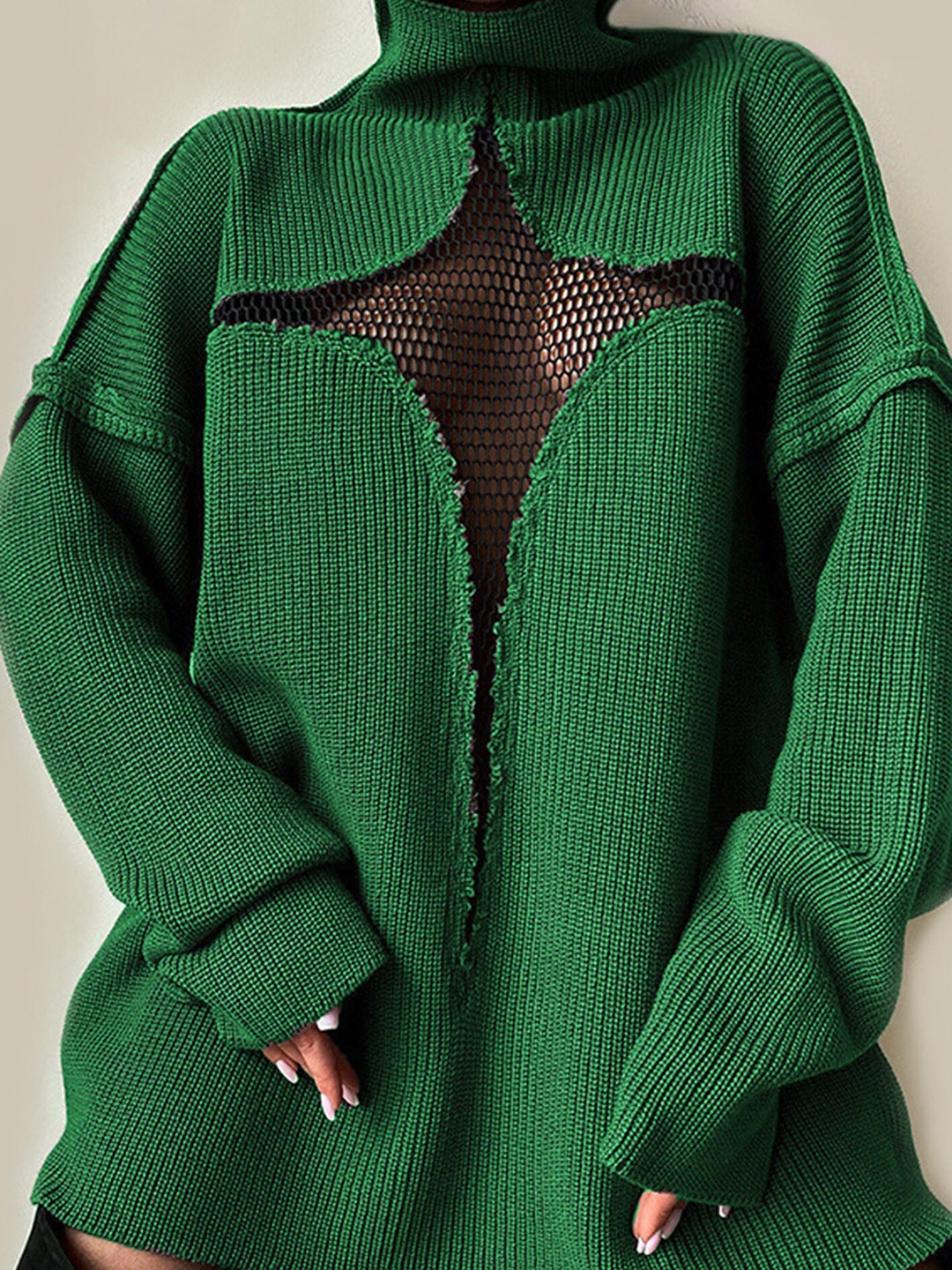 

LULU & SKY Ribbed Turtle Neck Net Detailed Acrylic Pullover, Green
