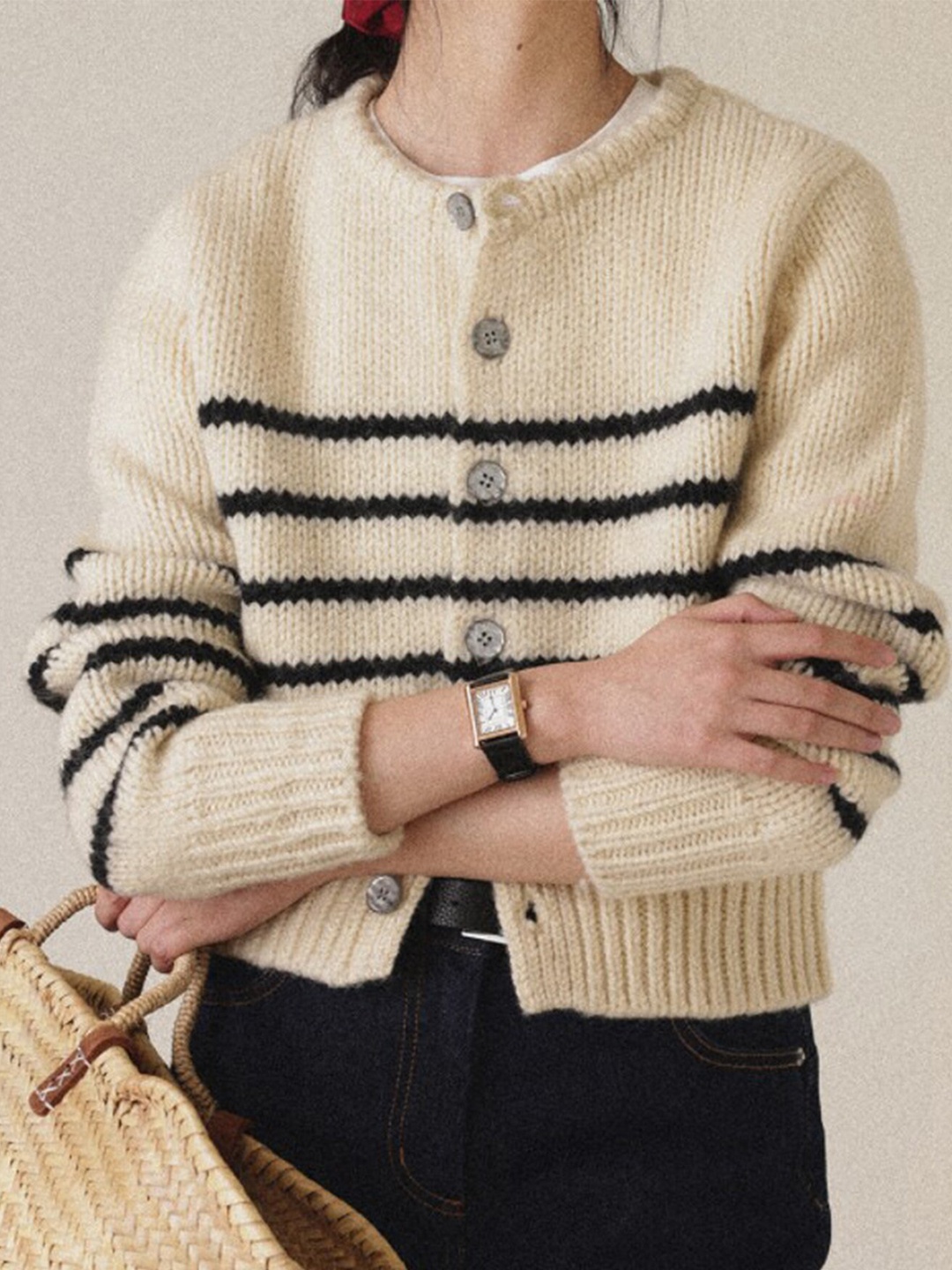 

LULU & SKY Striped Round Neck Cardigan, Cream