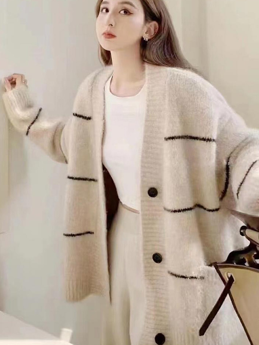 

LULU & SKY Striped Fuzzy Cardigan Sweater, Beige