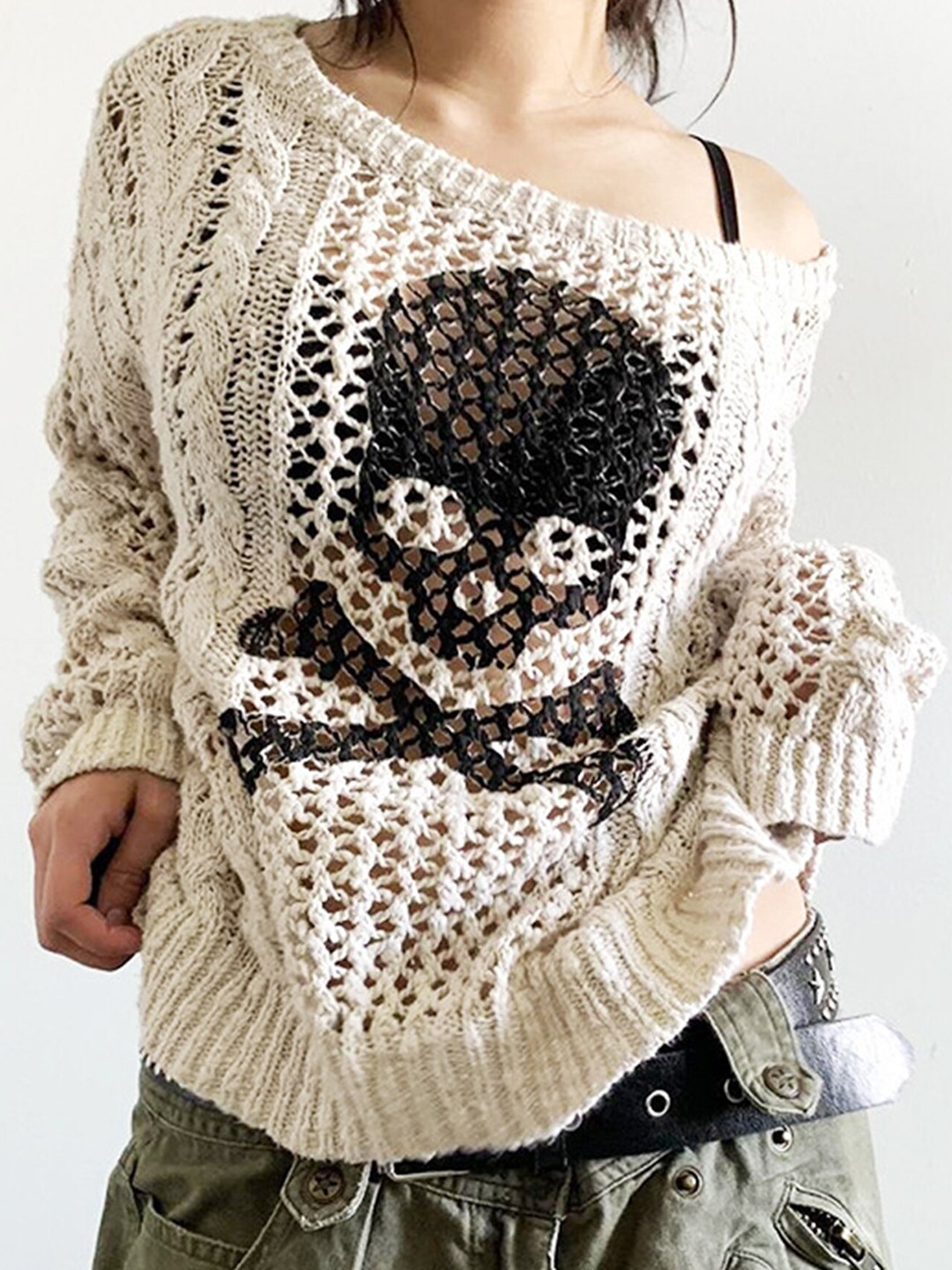 

LULU & SKY Open Knit Boat Neck Long Sleeves Pullover, White
