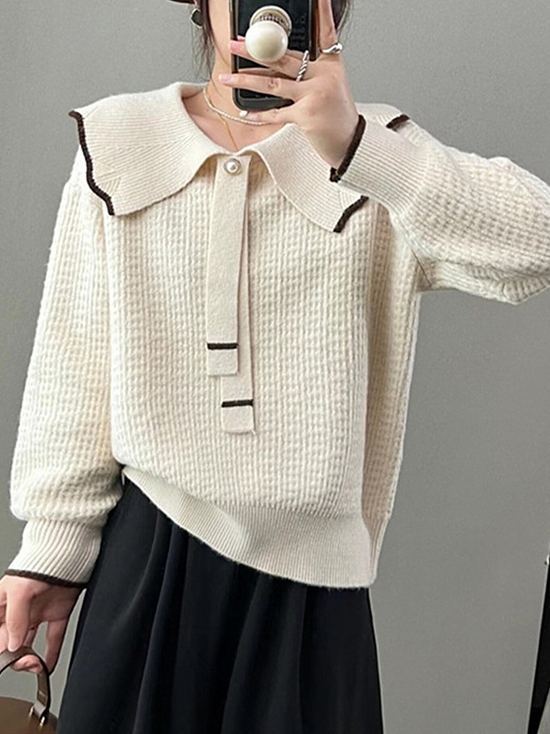 

LULU & SKY Self Design Spread Collar Pullover, Cream