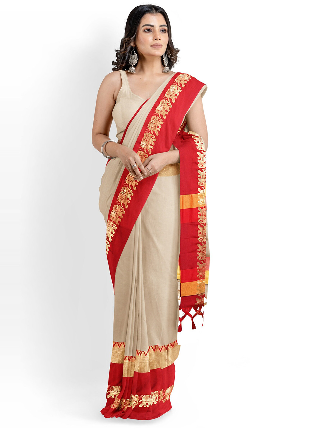 

Mitera Cream-Coloured Zari Silk Cotton Banarasi Saree