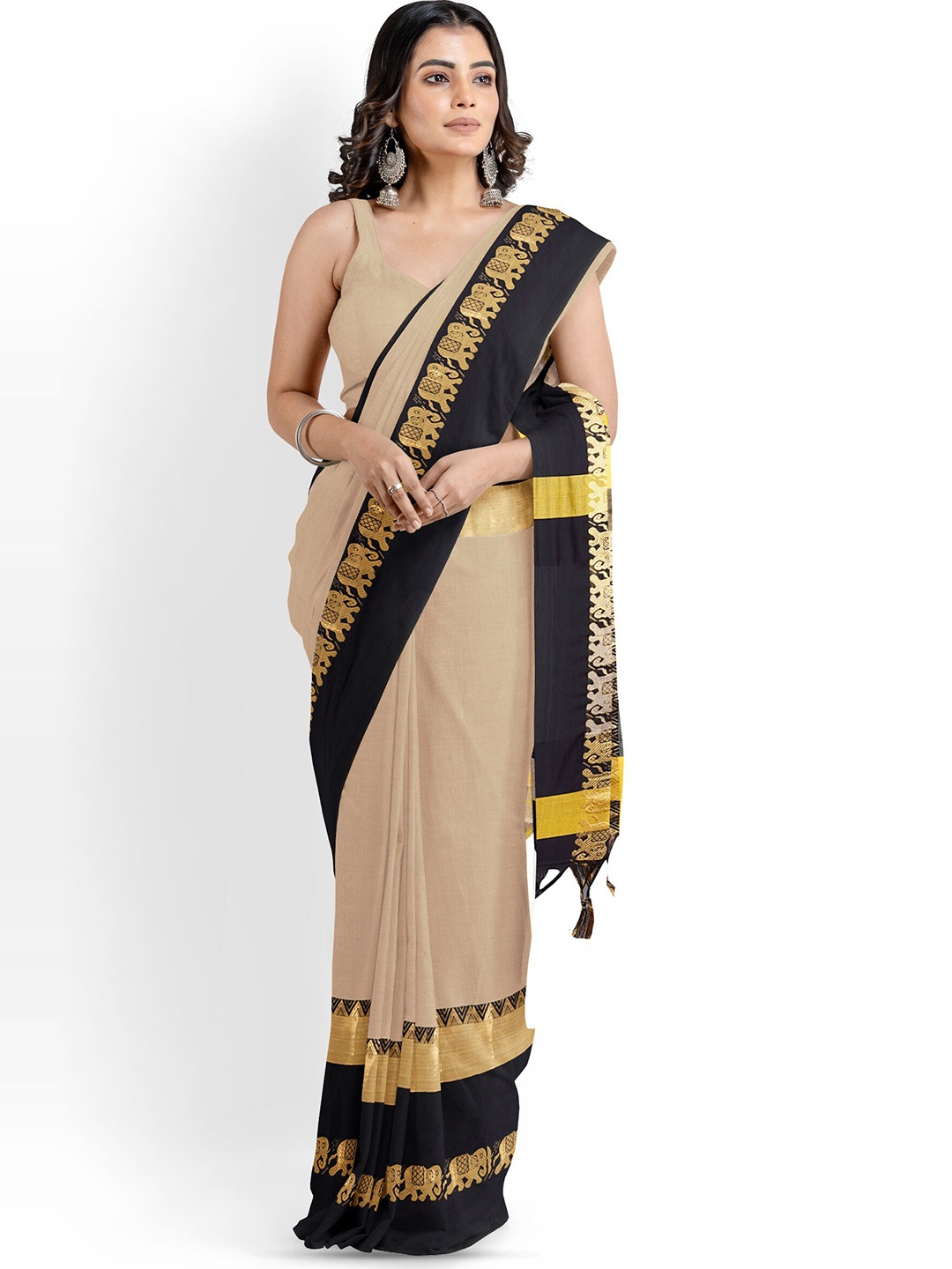 

Mitera Woven Design Zari Silk Cotton Banarasi Saree, Cream