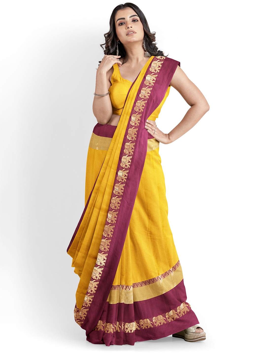 

Mitera Yellow & Burgundy Tasseled Zari Silk Cotton Banarasi Saree