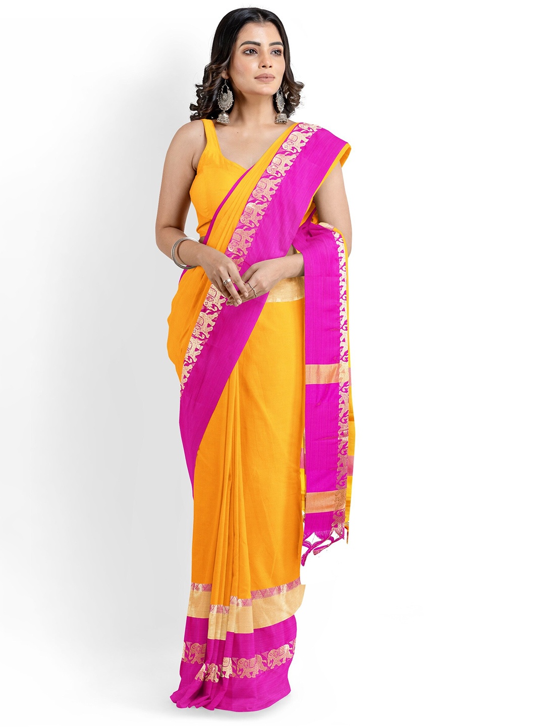 

Mitera Yellow & Pink Woven Design Border Tasseled Zari Silk Cotton Banarasi Saree