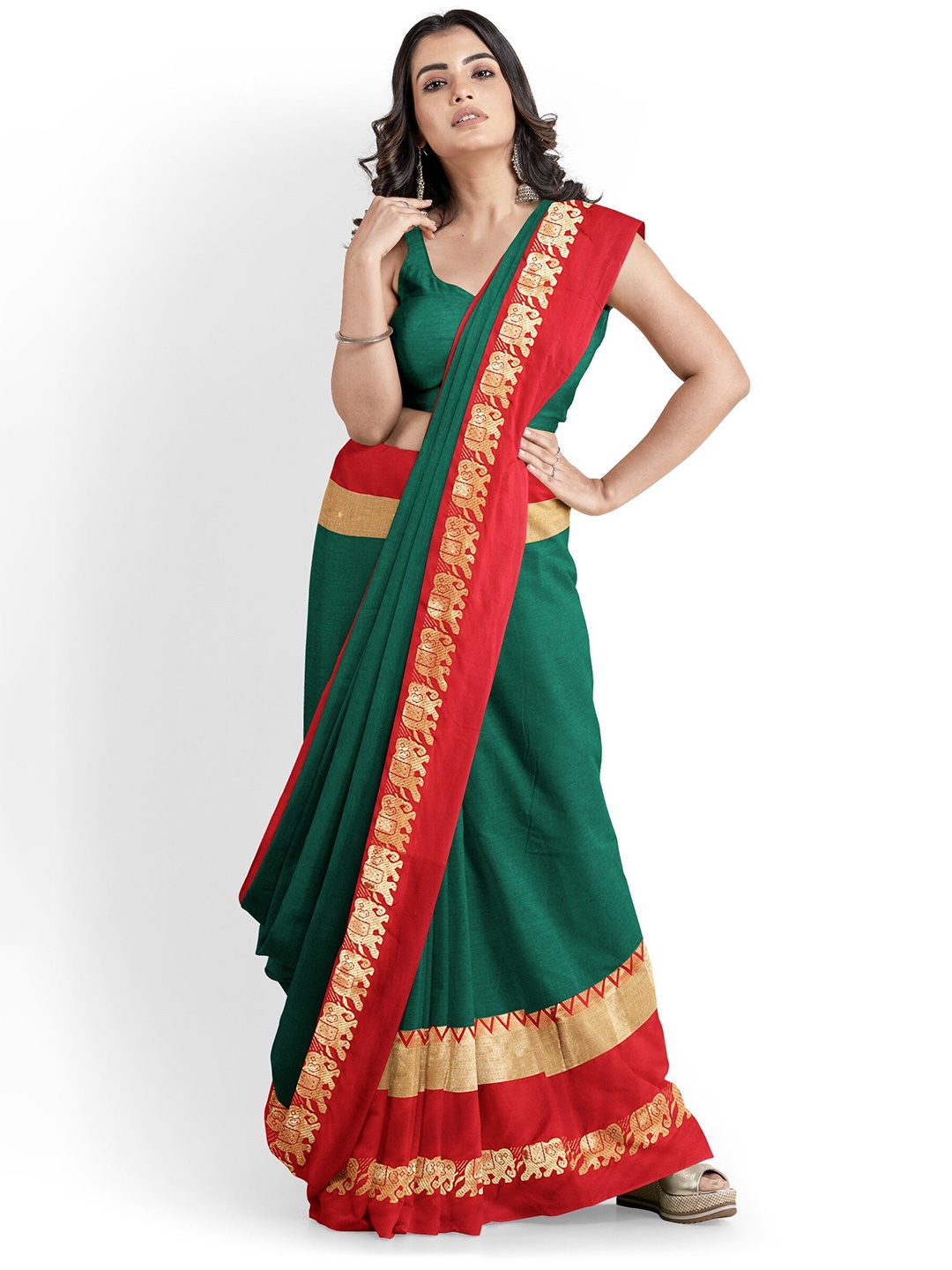 

Mitera Green & Red Woven Design Border Tasseled Zari Silk Cotton Banarasi Saree