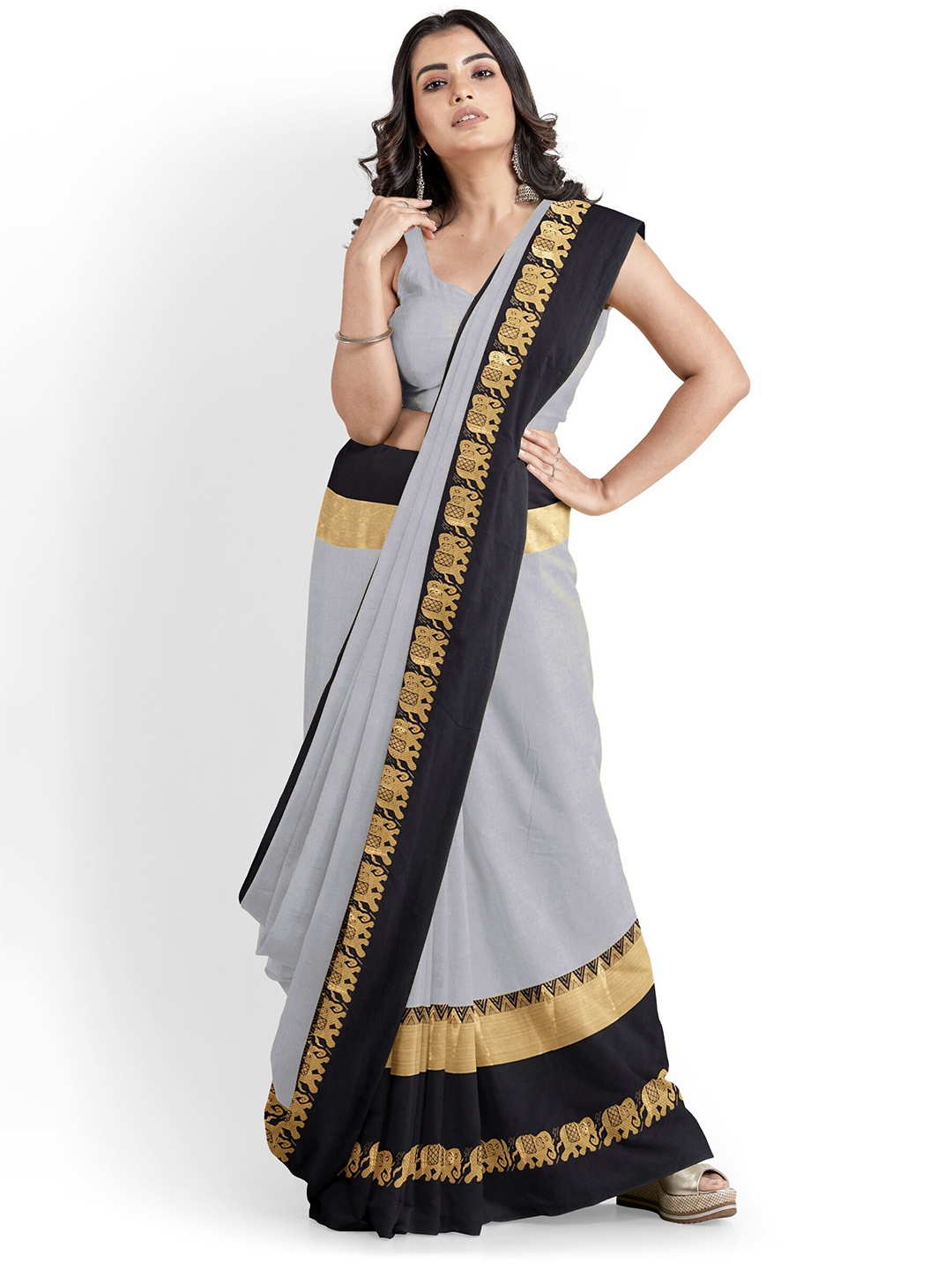 

Mitera Grey & Black Woven Design Border Tasseled Zari Silk Cotton Banarasi Saree