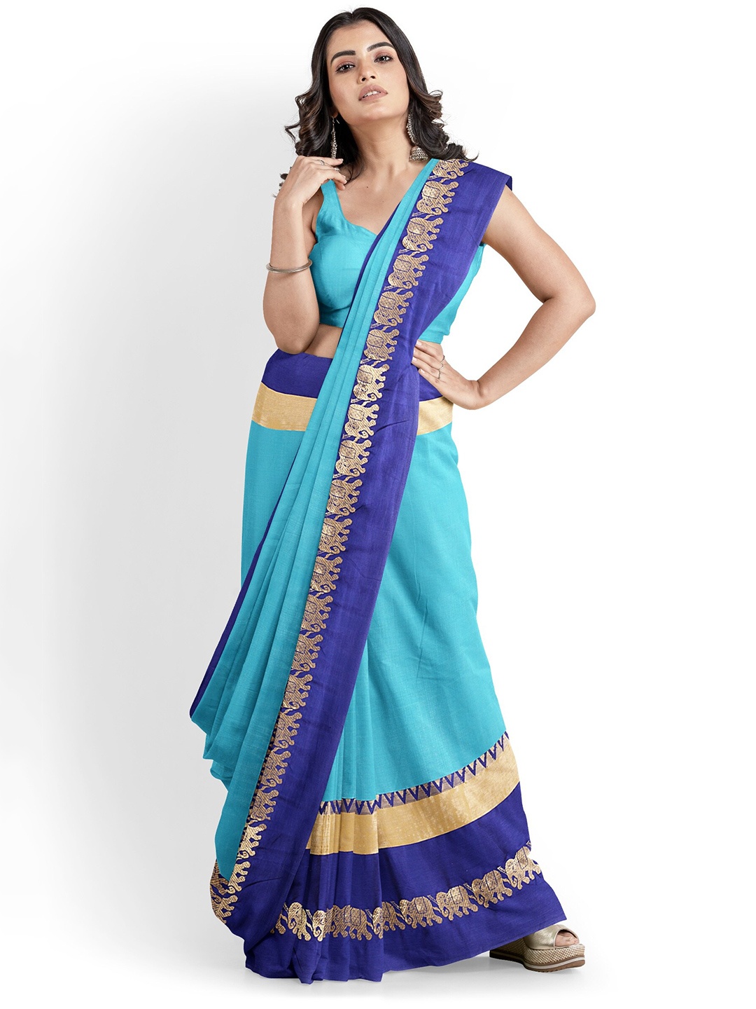 

Mitera Blue & Gold-Toned Woven Design Border Tasseled Zari Silk Cotton Banarasi Saree