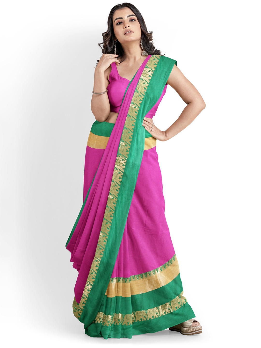 

Mitera Pink & Green Woven Design Border Tasseled Zari Silk Cotton Banarasi Saree