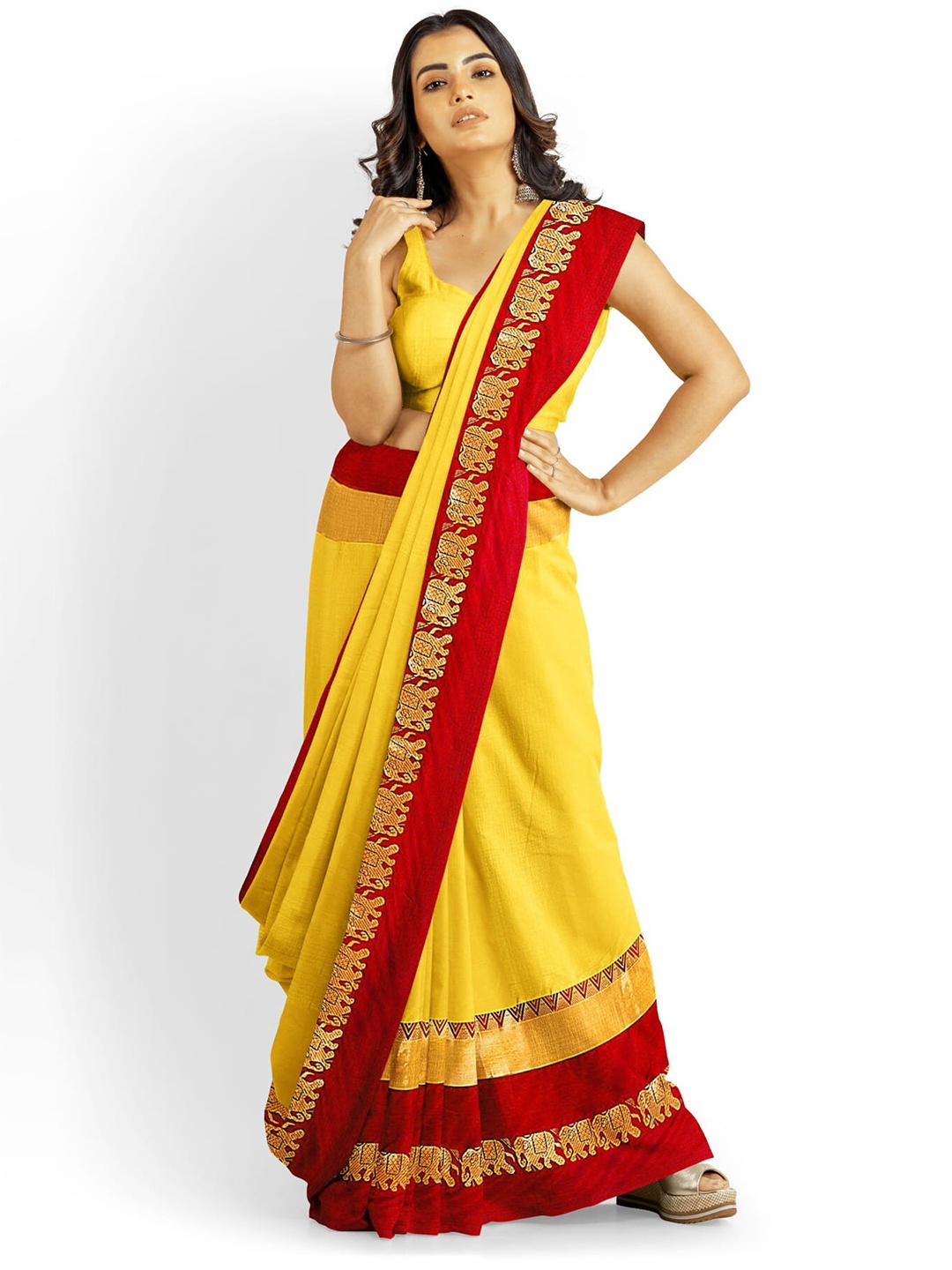 

Mitera Yellow & Red Zari Silk Cotton Saree