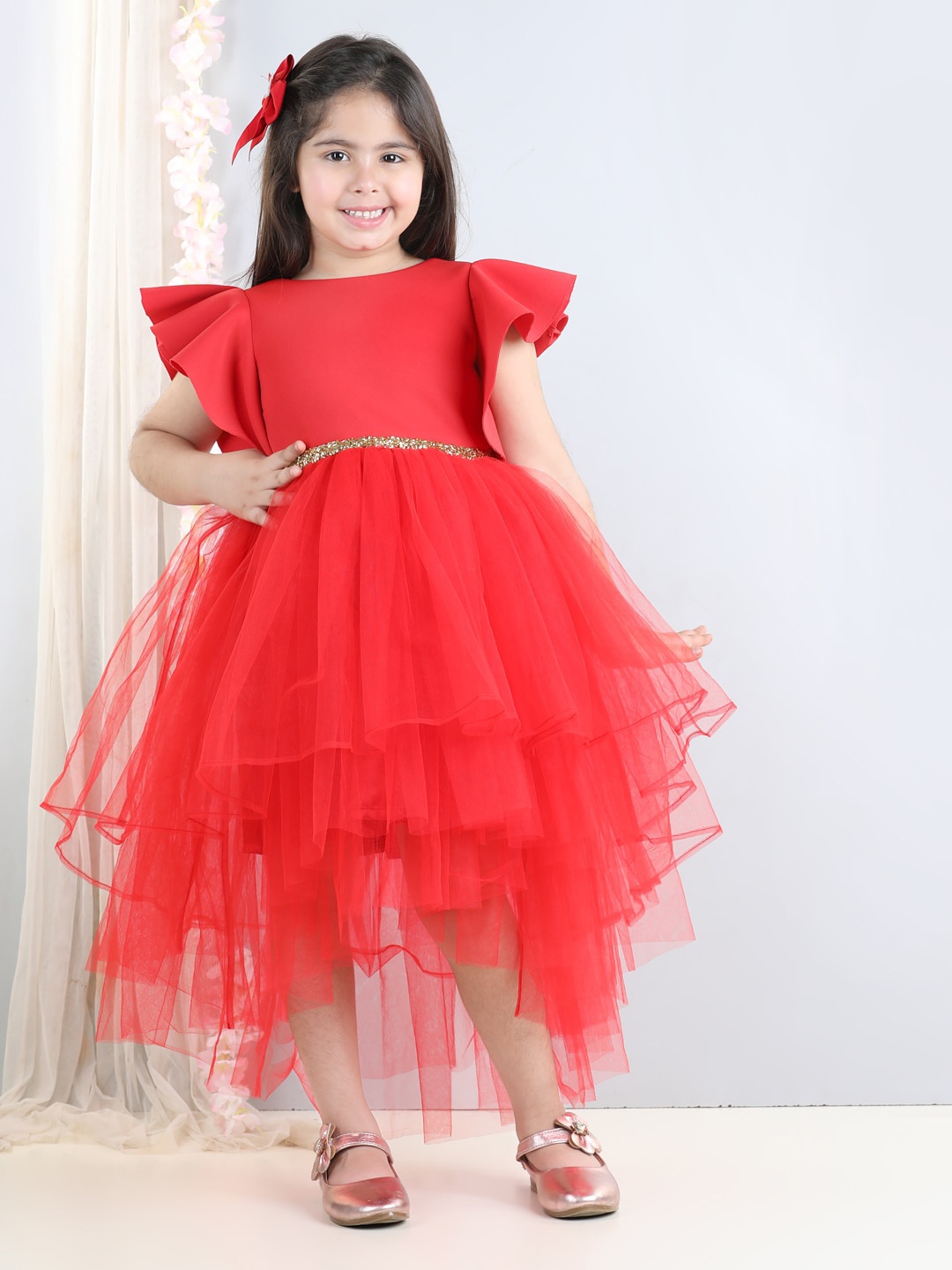 

Toy Balloon kids Girls Flutter Sleeve Net Fit & Flare Midi Dress, Red