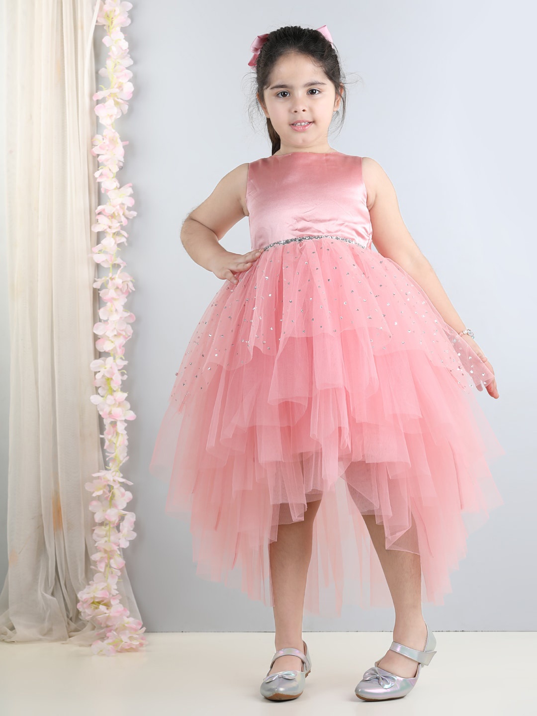 

Toy Balloon kids Girls Embellished Boat Neck Tulle Layered Net Peplum Dress, Pink