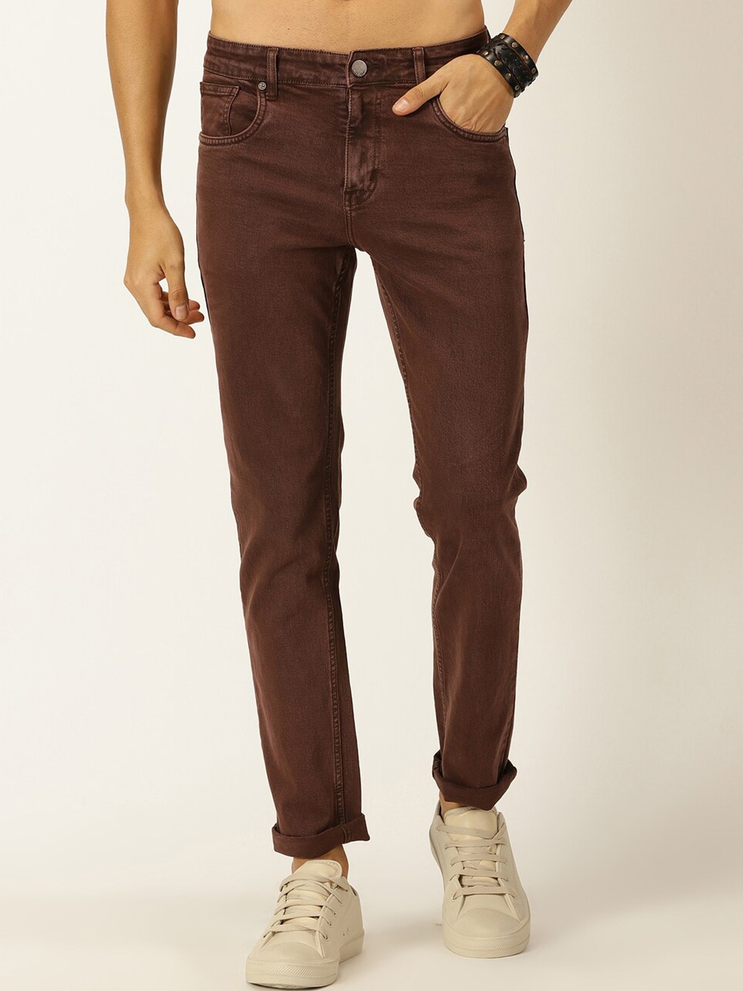 

HERE&NOW Men Smart Mid-Rise Clean Look Stretchable Jeans, Brown