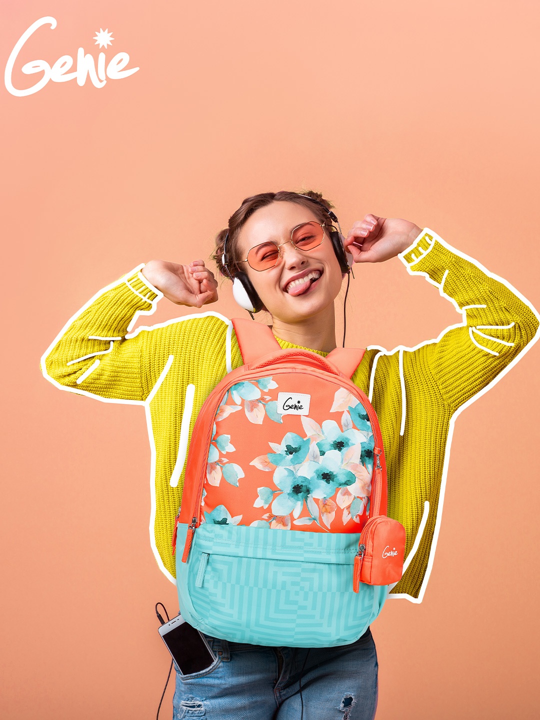 

Genie Women Floral Printed Backpack - Up to 18 inch Laptop, Coral