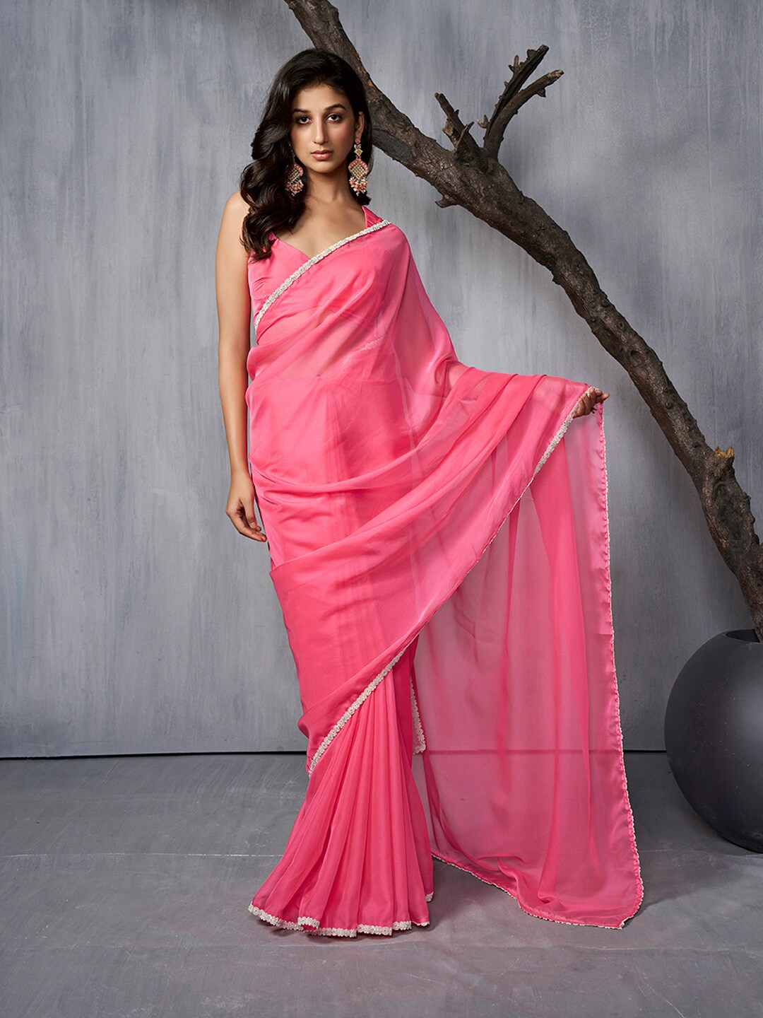 

Inddus Embroidered Organza Saree, Pink