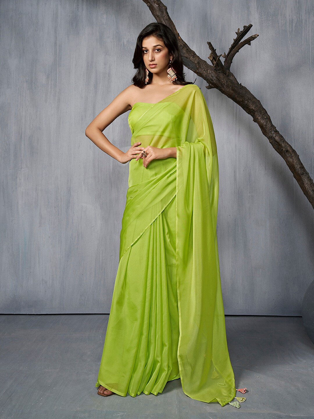 

Inddus Organza Saree, Fluorescent green