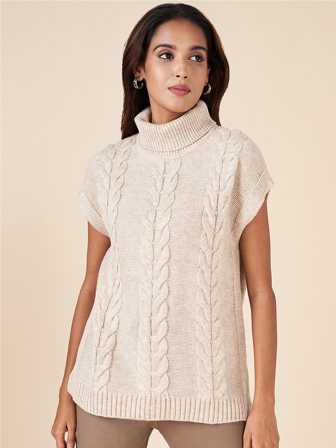 

AKKRITI BY PANTALOONS Cable Knit Turtle Neck Short Sleeves Acrylic Pullover Sweater, Grey