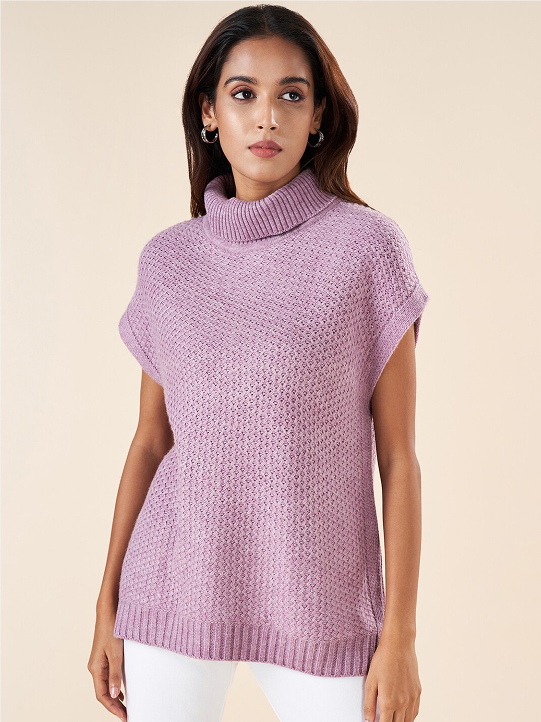 

AKKRITI BY PANTALOONS Open Knit Turtle Neck Short Sleeves Acrylic Pullover Sweater, Mauve