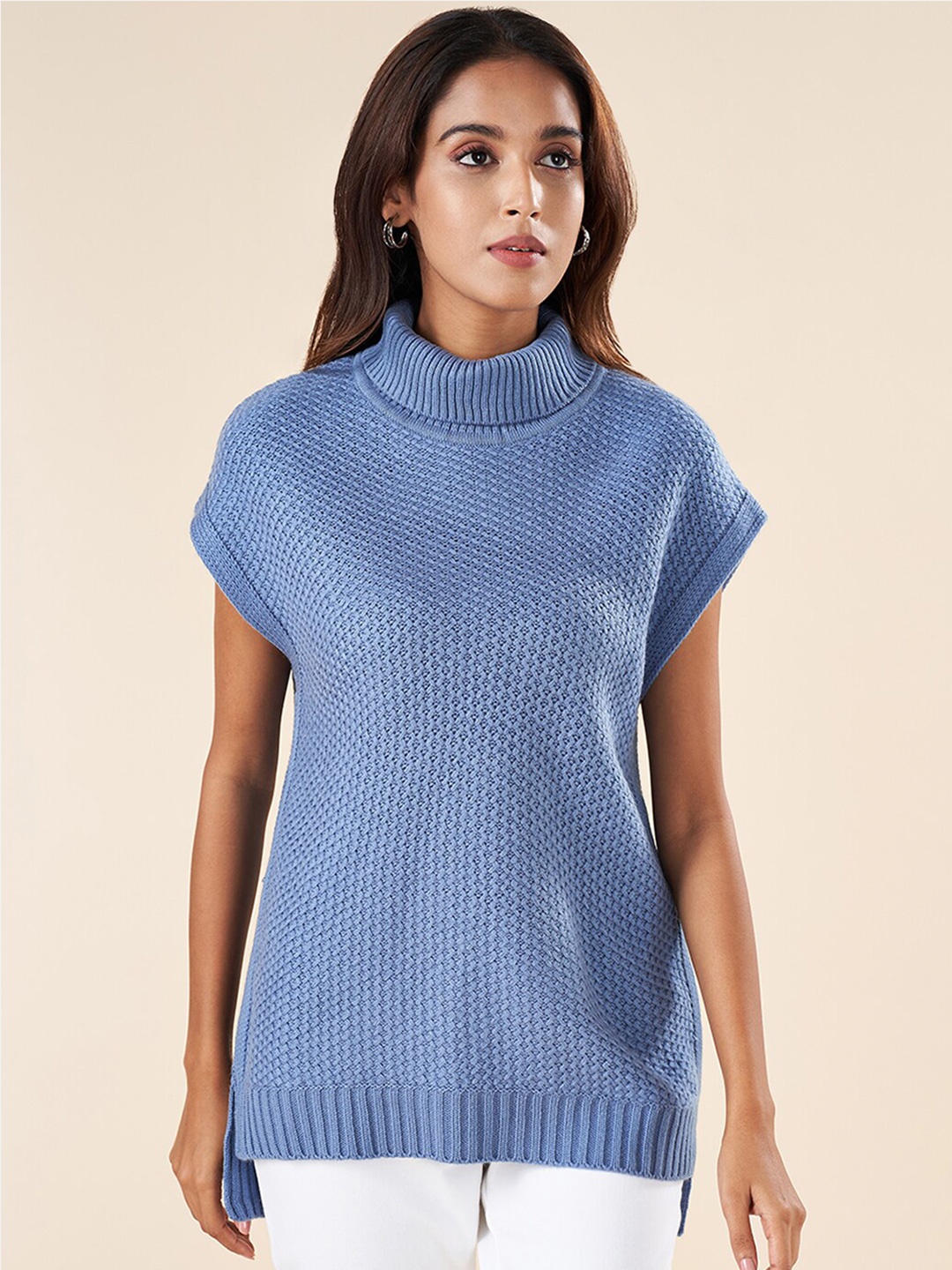 

AKKRITI BY PANTALOONS Cable Knit Turtle Neck Sweater Vest, Blue