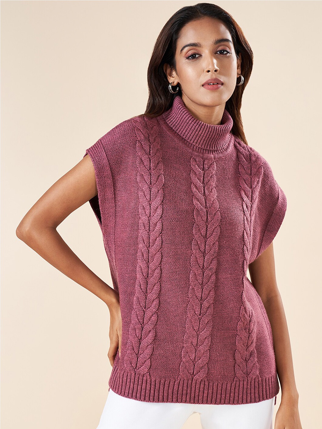 

AKKRITI BY PANTALOONS Cable Knit Turtle Neck Short Sleeves Acrylic Pullover Sweater, Maroon