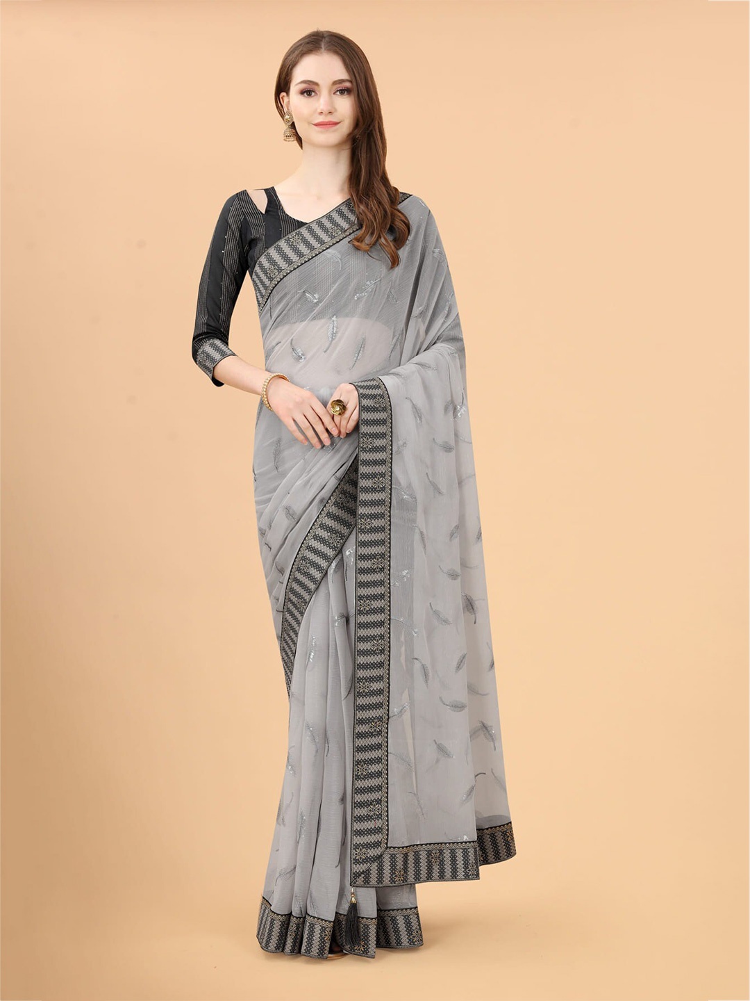 

Mitera Grey Floral Embroidered Sequinned Silk Blend Saree