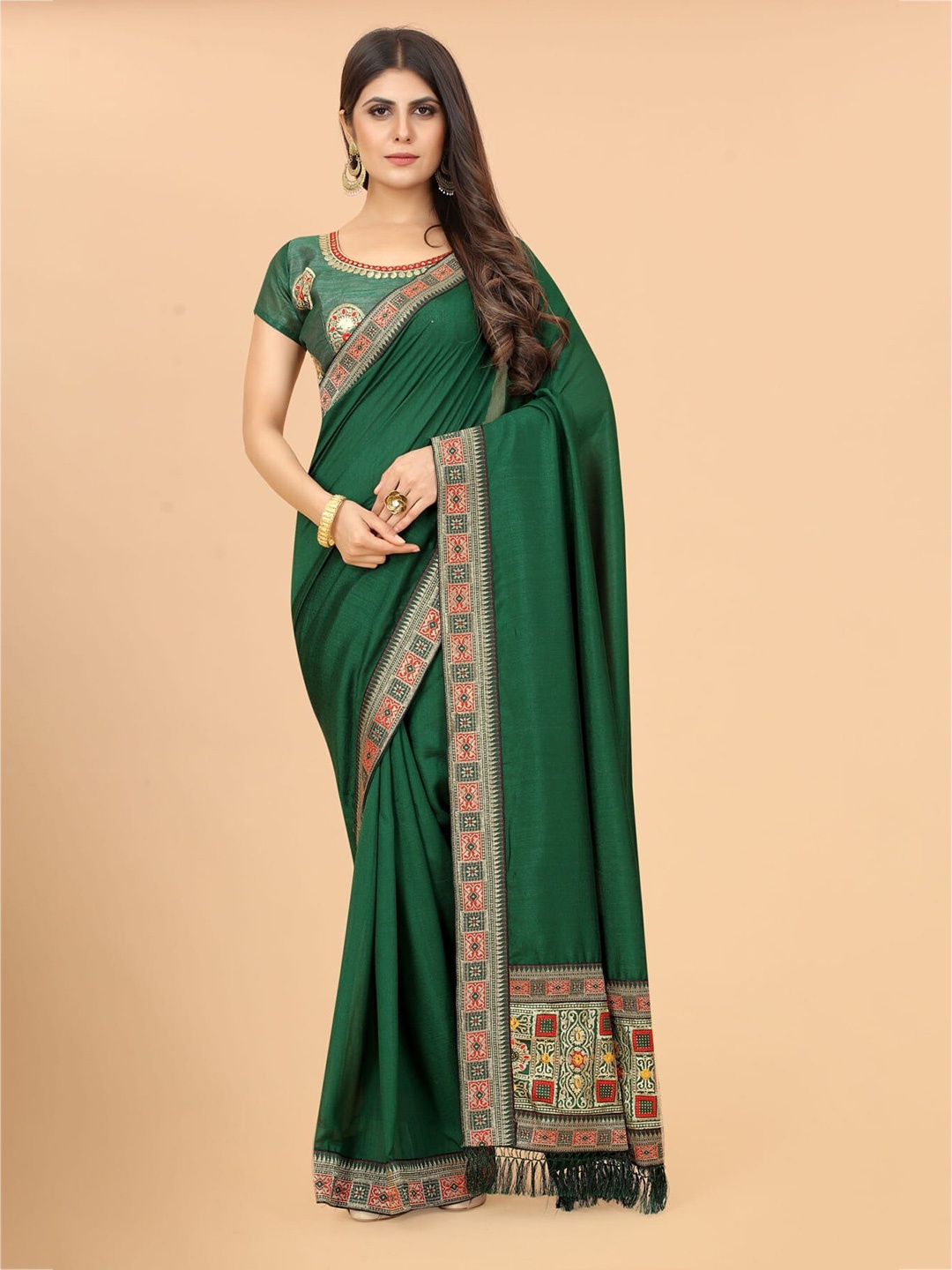 

Mitera Green & Gold-Toned Sequinned Tasseled Silk Blend Saree