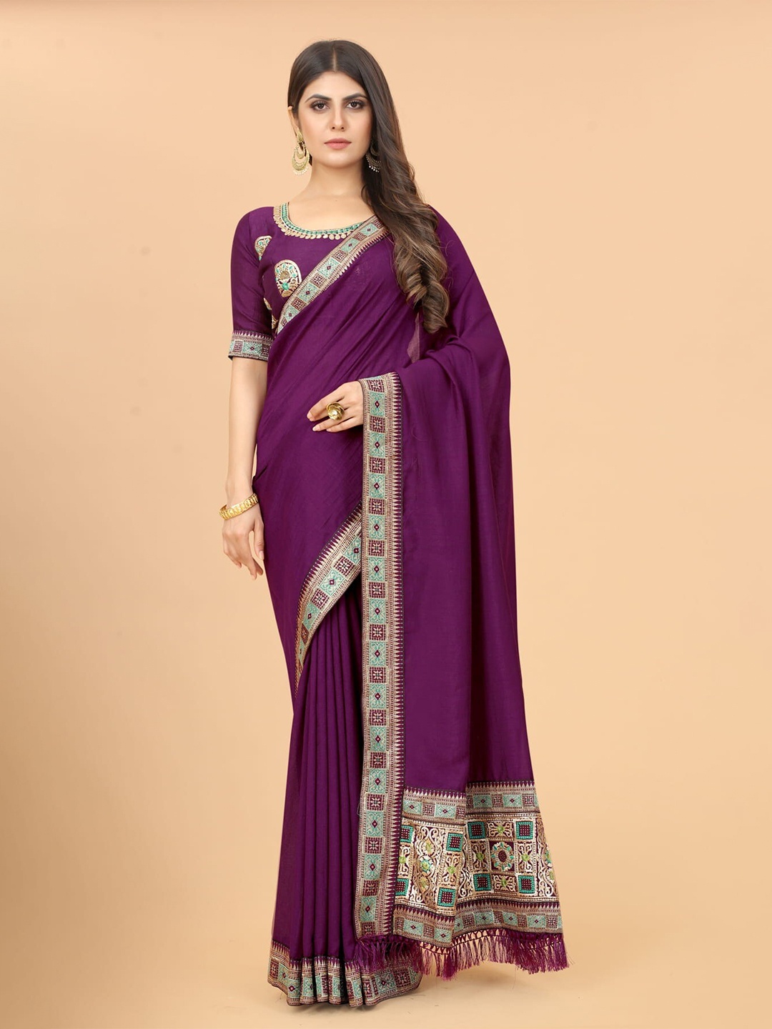 

Mitera Purple & Green Sequinned Tasseled Silk Blend Saree