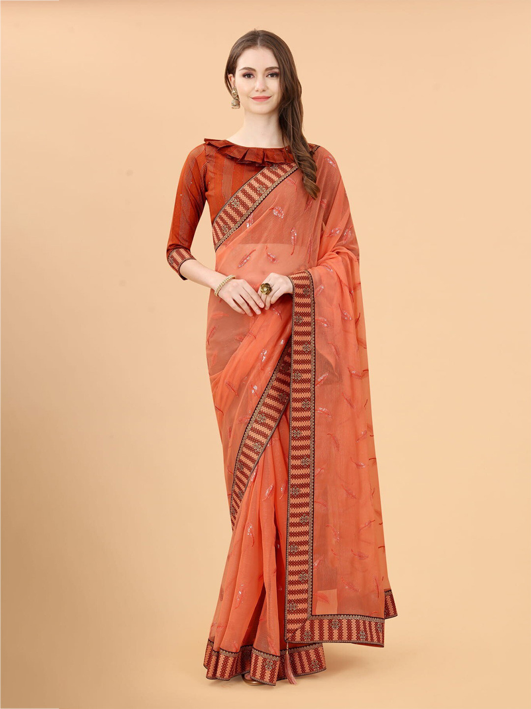 

Mitera Orange-Coloured & Black Ethnic Motifs Embroidered Saree