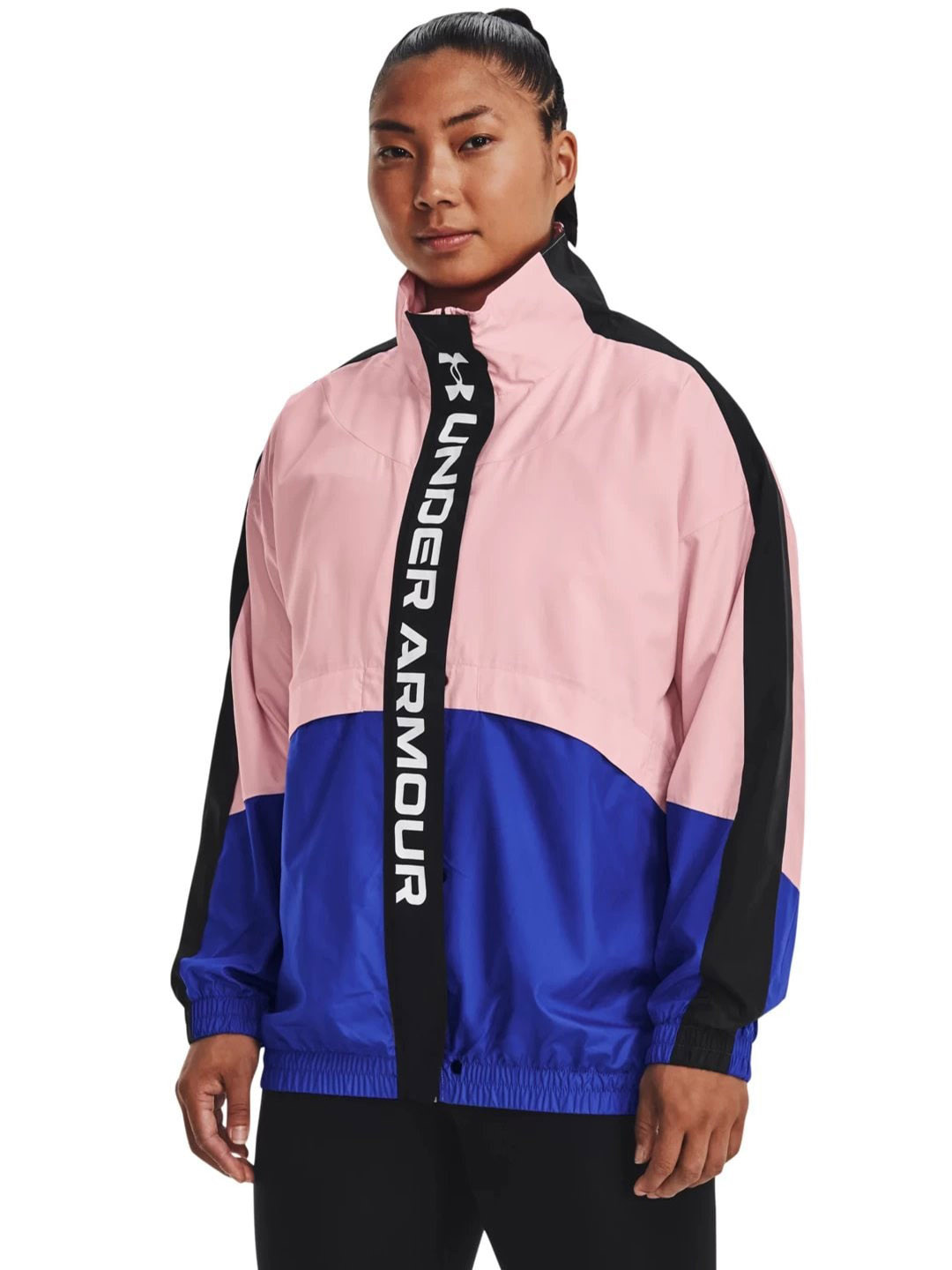 

UNDER ARMOUR Colourblocked Rush Woven Training or Gym Oversized Sporty Jacket, Pink