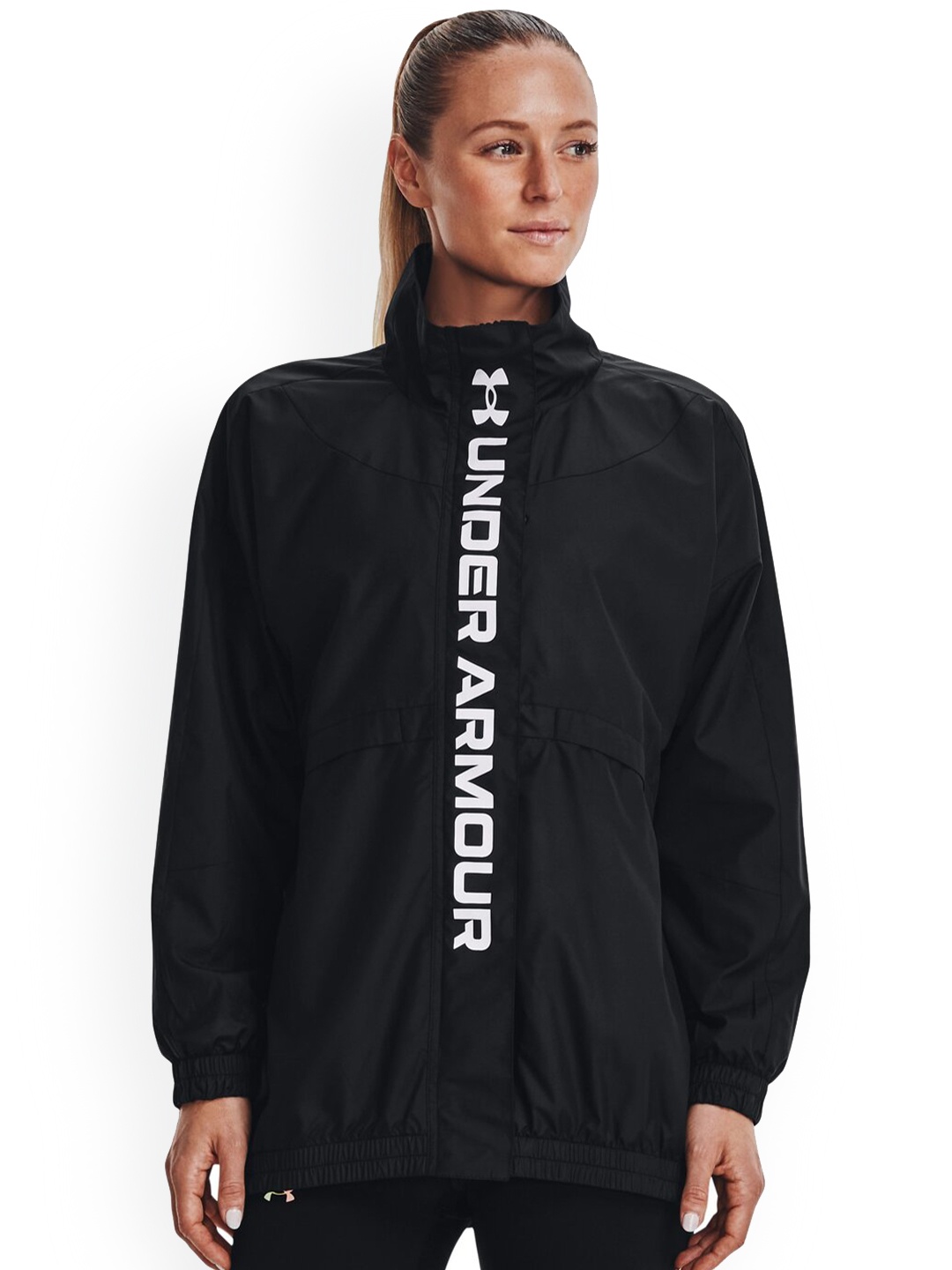 

UNDER ARMOUR Stand Collar UA Rush Woven Printed Oversized Sporty Jacket, Black