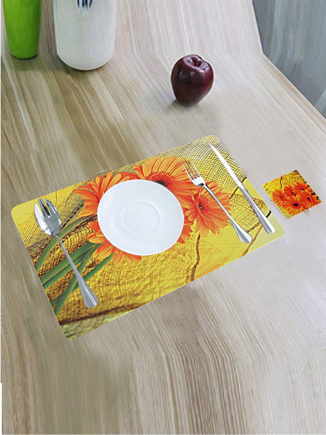 

Kuber Industries Yellow & Orange 12 Pieces Non-Slip Table Placemats With Tea Coasters