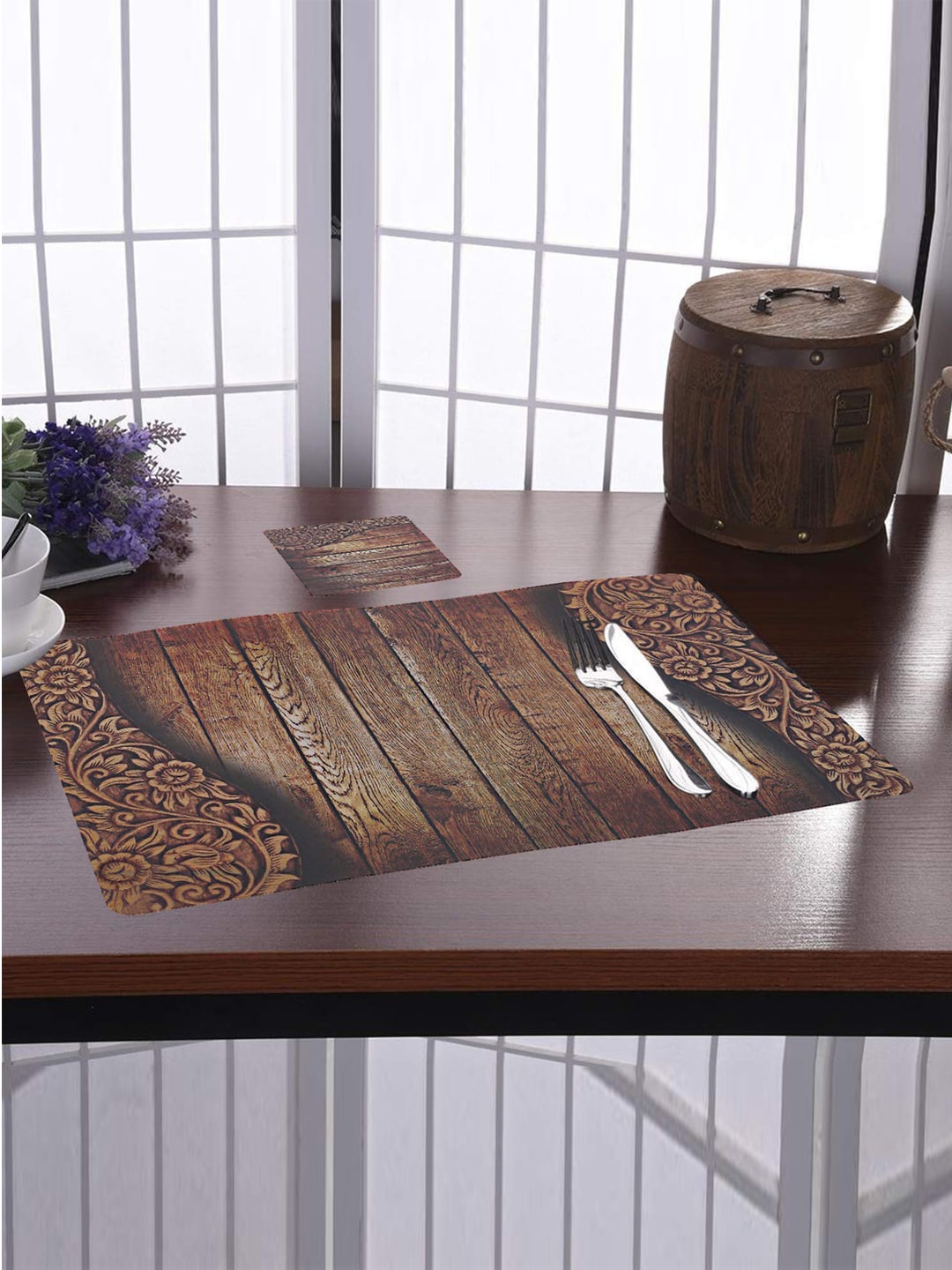 

Kuber Industries Wooden Design Brown 12 Pieces Non-Slip Table Placemats With Tea Coasters