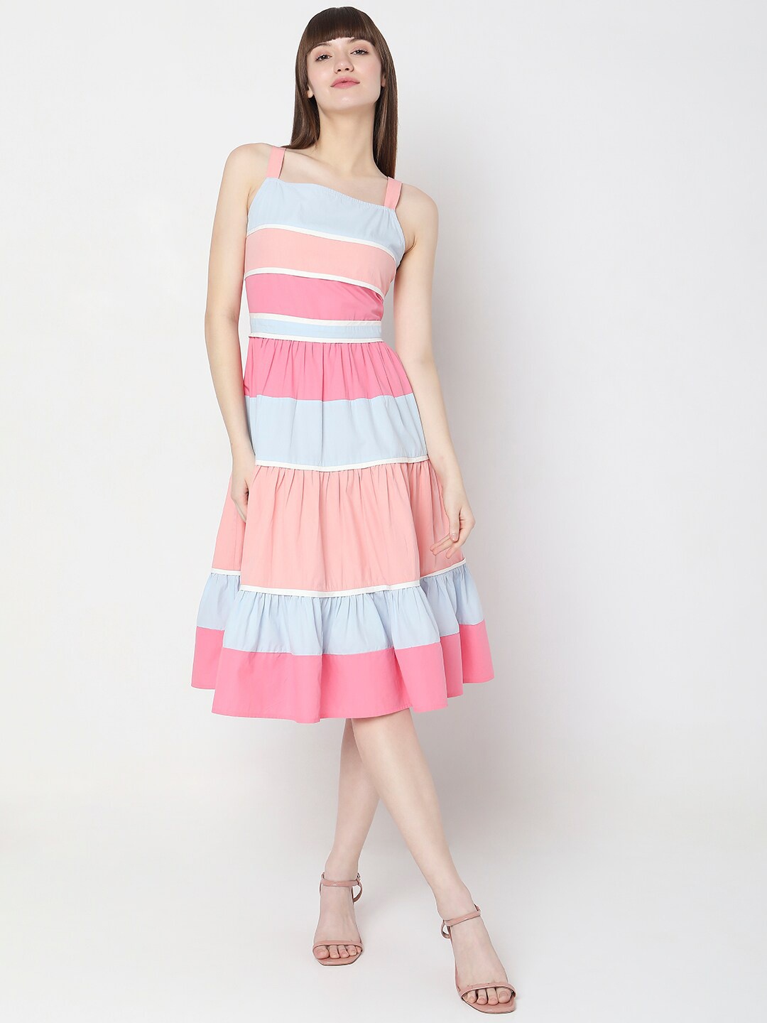 

Vero Moda Striped Shoulder Straps Smocked & Gathered Tiered Fit & Flare Dress, Peach