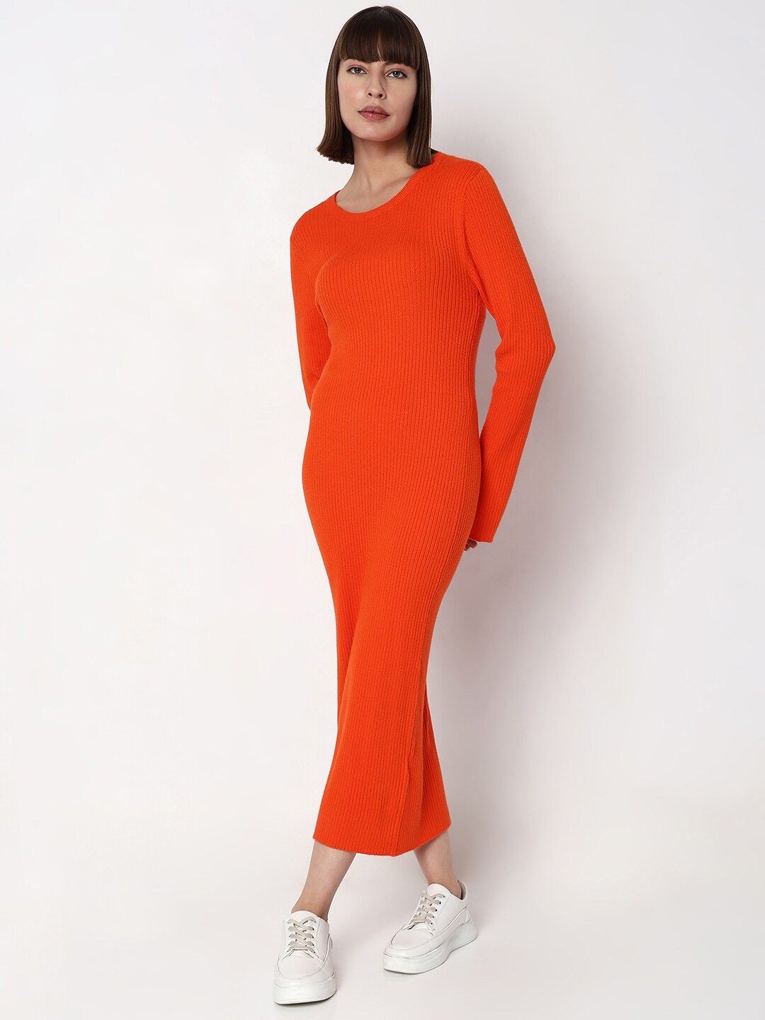 

Vero Moda Self Design Round Neck Sheath Midi Dress, Orange