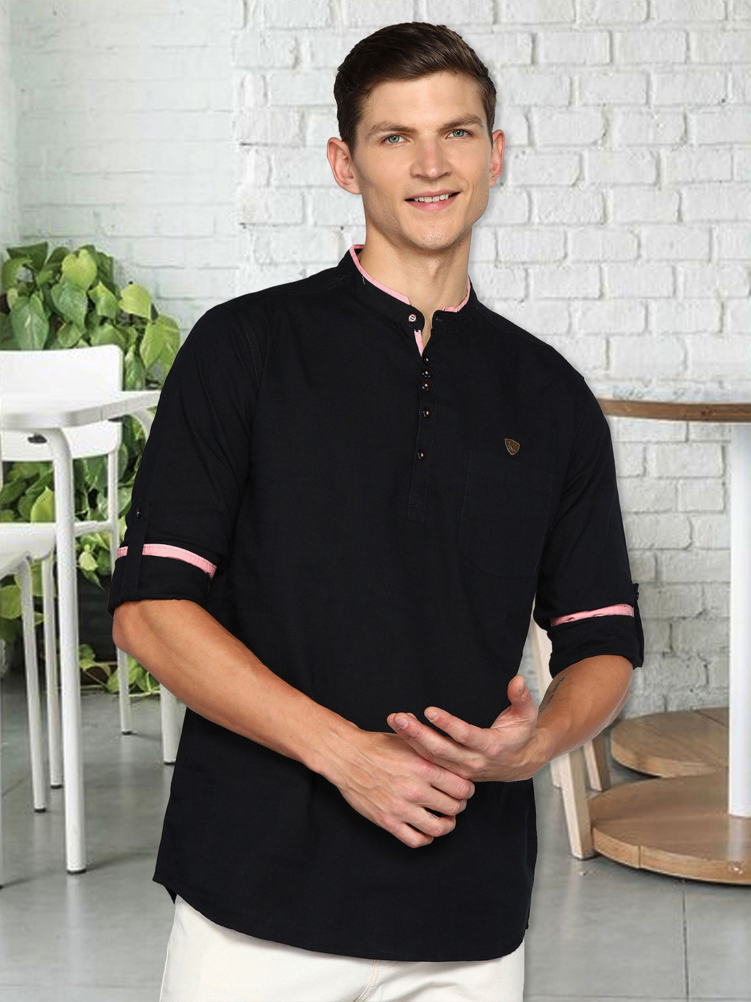 

Kuons Avenue Mandarin Collar Roll Up Sleeves Linen Cotton Kurta, Black