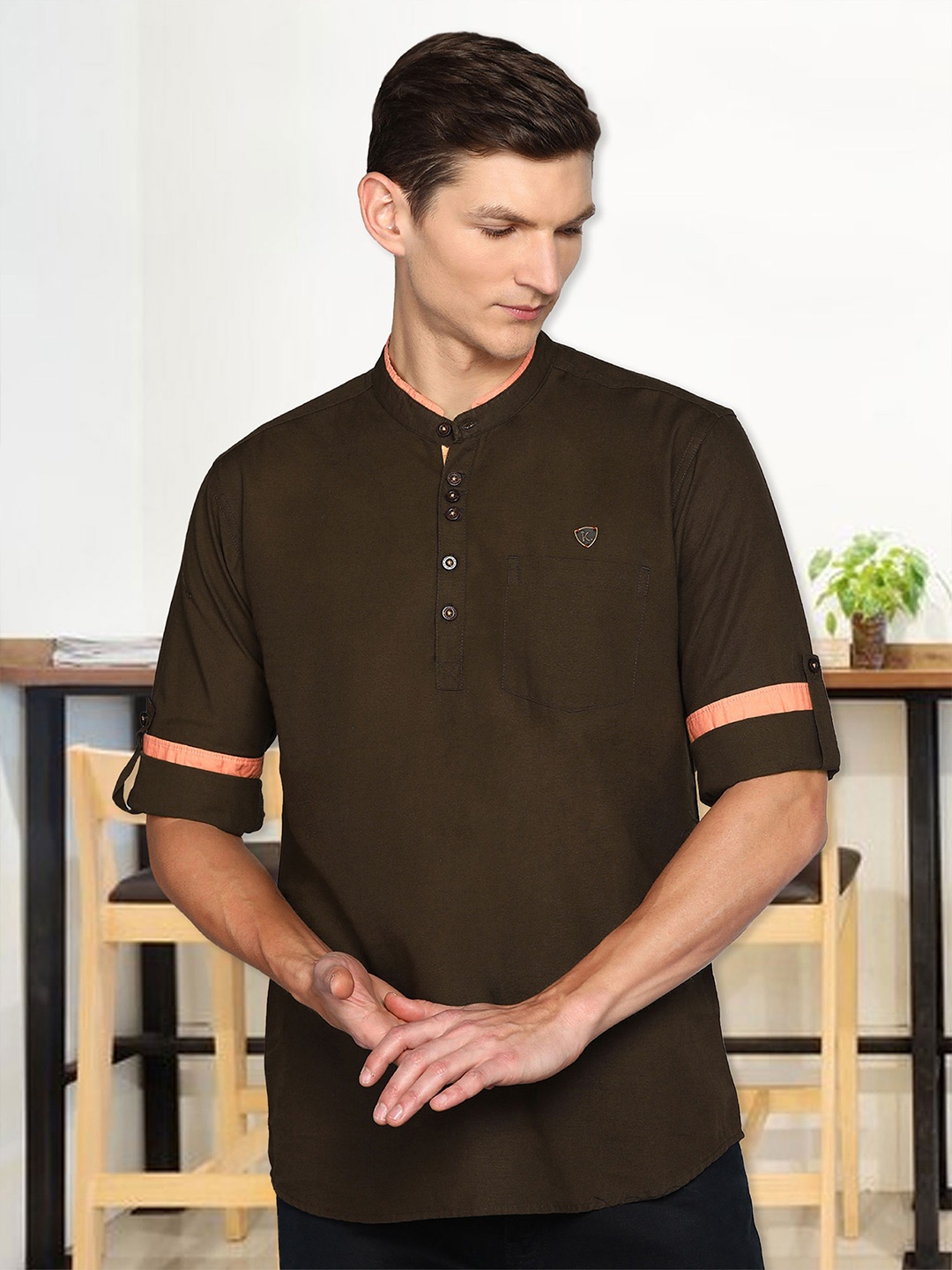 

Kuons Avenue Mandarin Collar Roll Up Sleeves Linen Cotton Kurta, Coffee brown