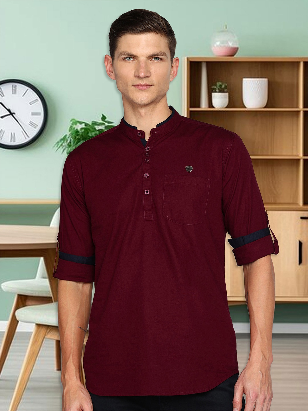 

Kuons Avenue Mandarin Collar Roll Up Sleeves Linen Cotton Kurta, Maroon