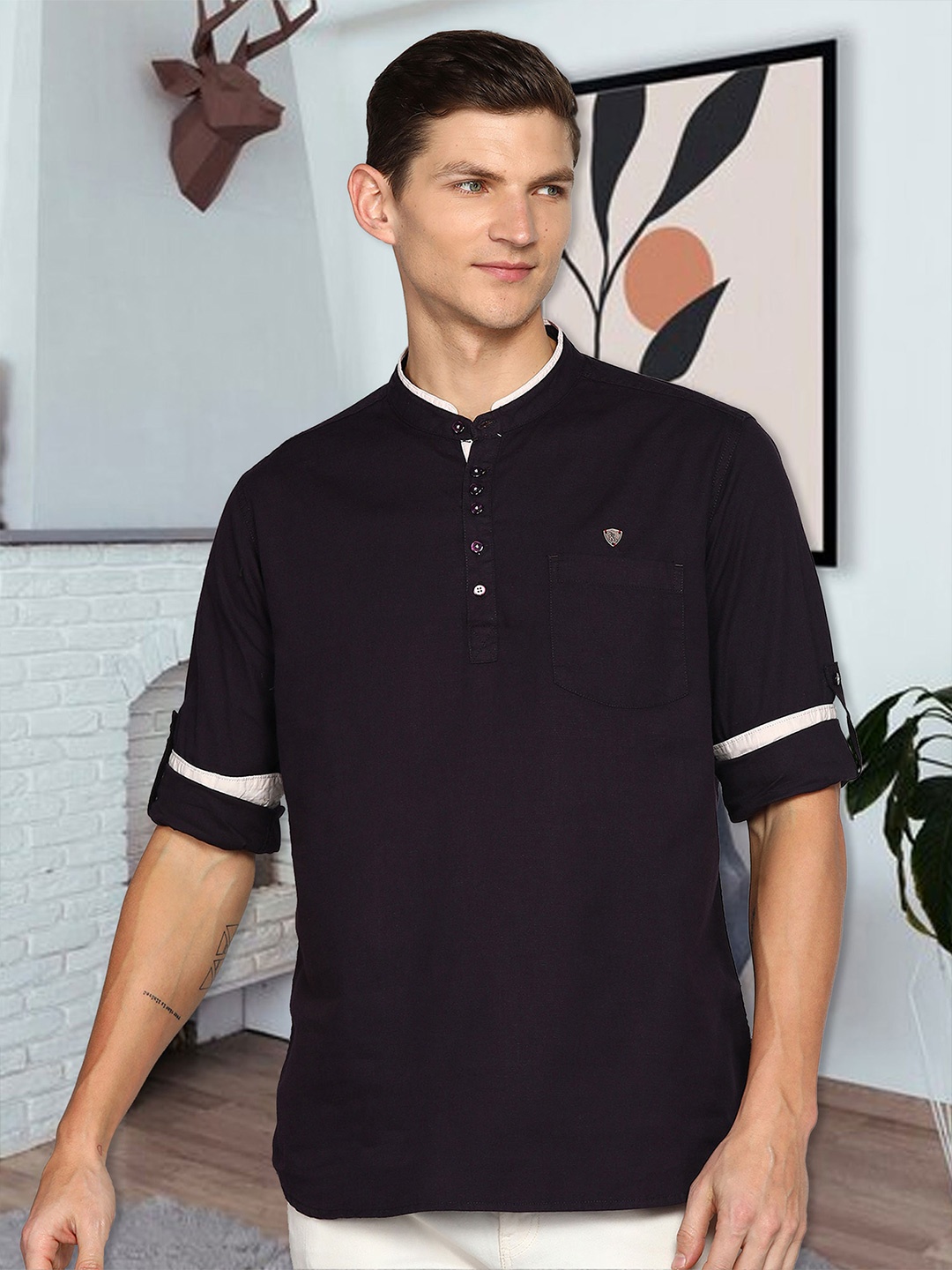 

Kuons Avenue Band Collar Linen Regular Kurta, Brown