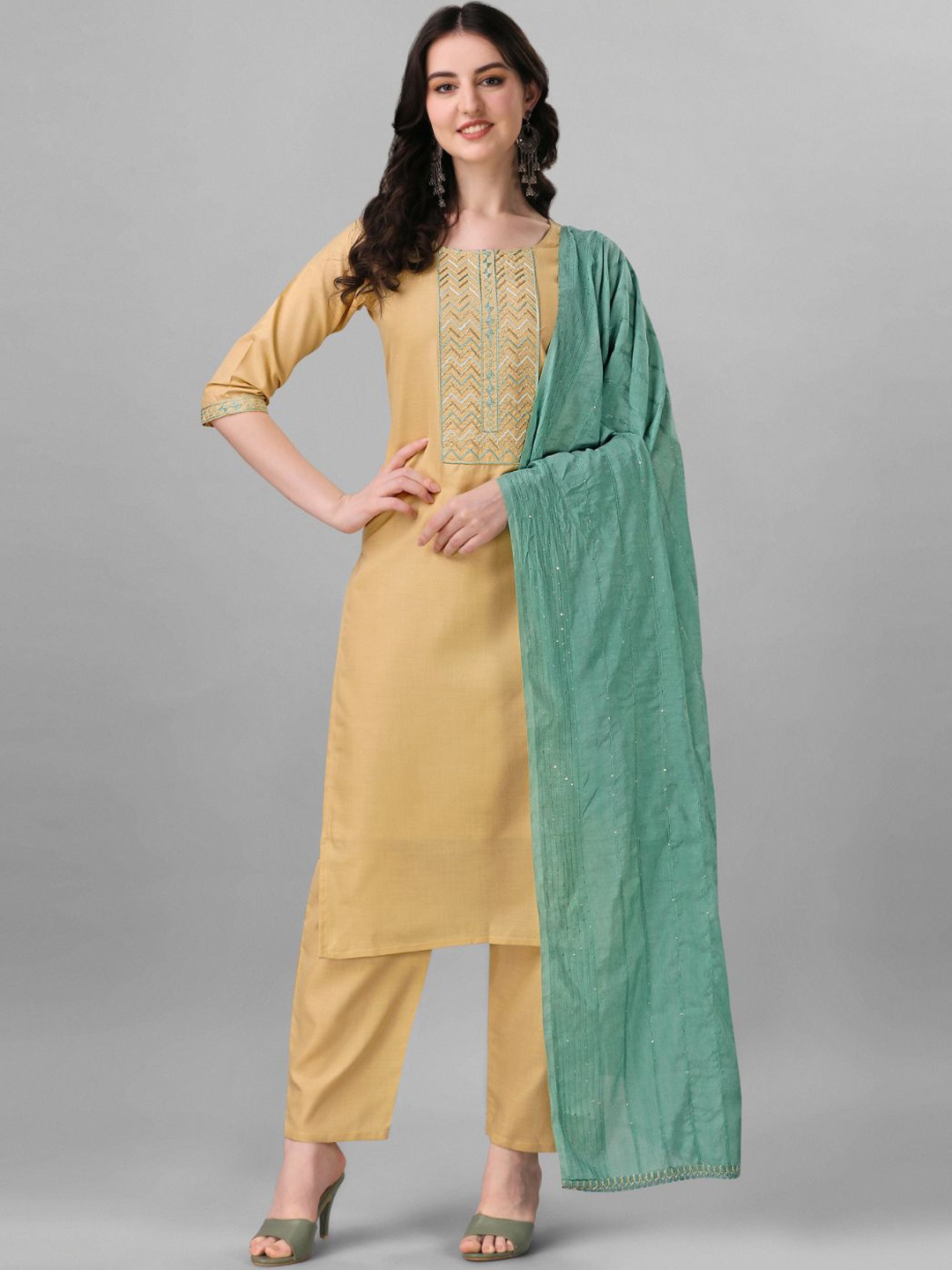 

FABDYOR Yoke Design Regular Thread Work Kurta with Trousers & With Dupatta, Camel brown