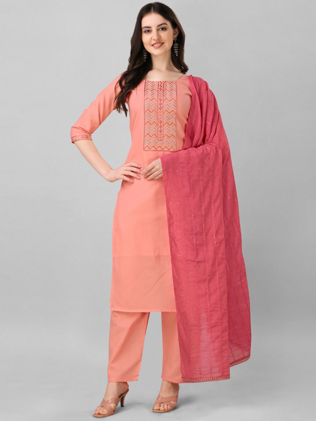 

FABDYOR Yoke Design Regular Thread Work Kurta with Trousers & With Dupatta, Peach