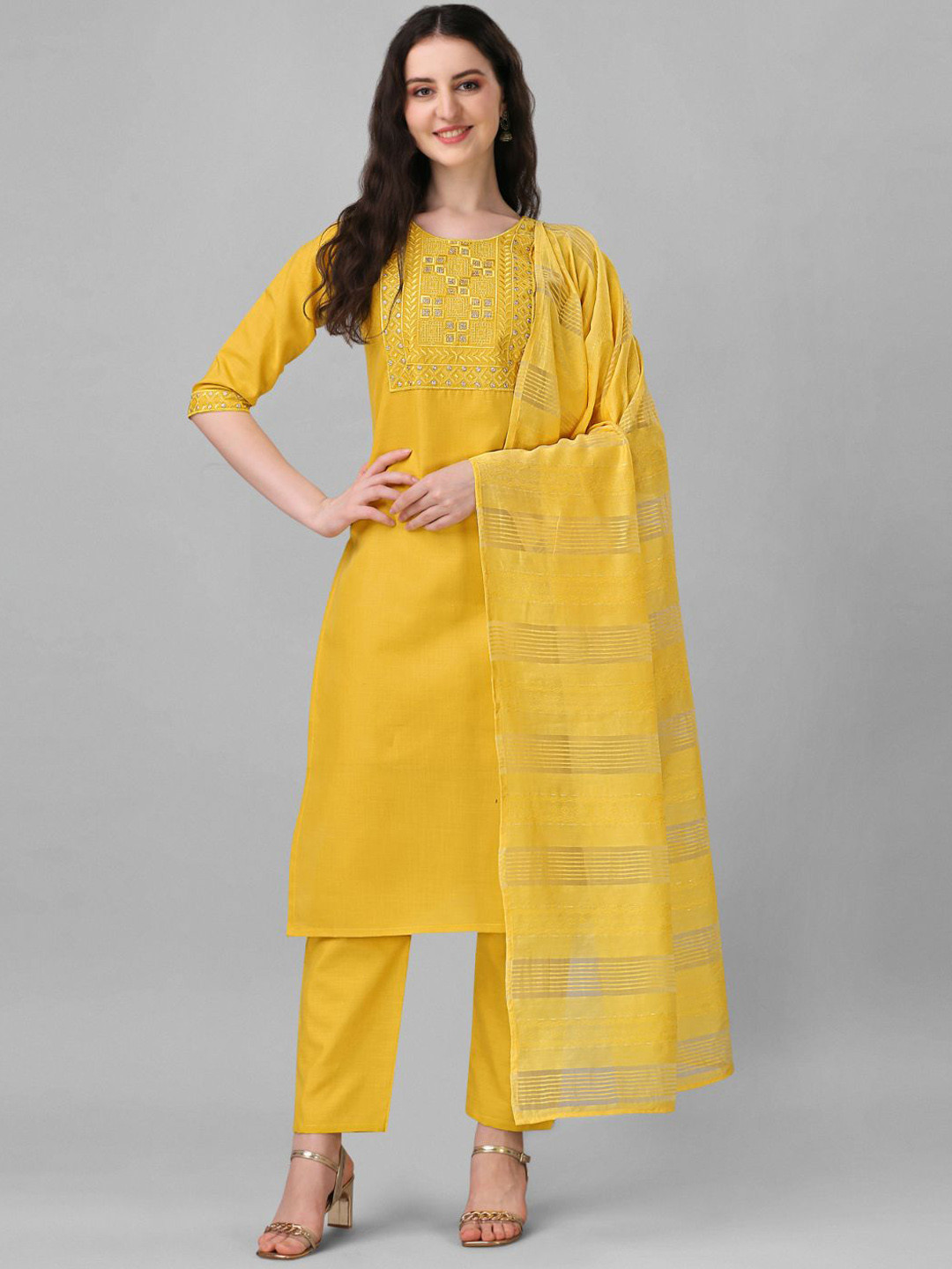 

FABDYOR Yoke Design Regular Thread Work Kurta with Trousers & With Dupatta, Yellow