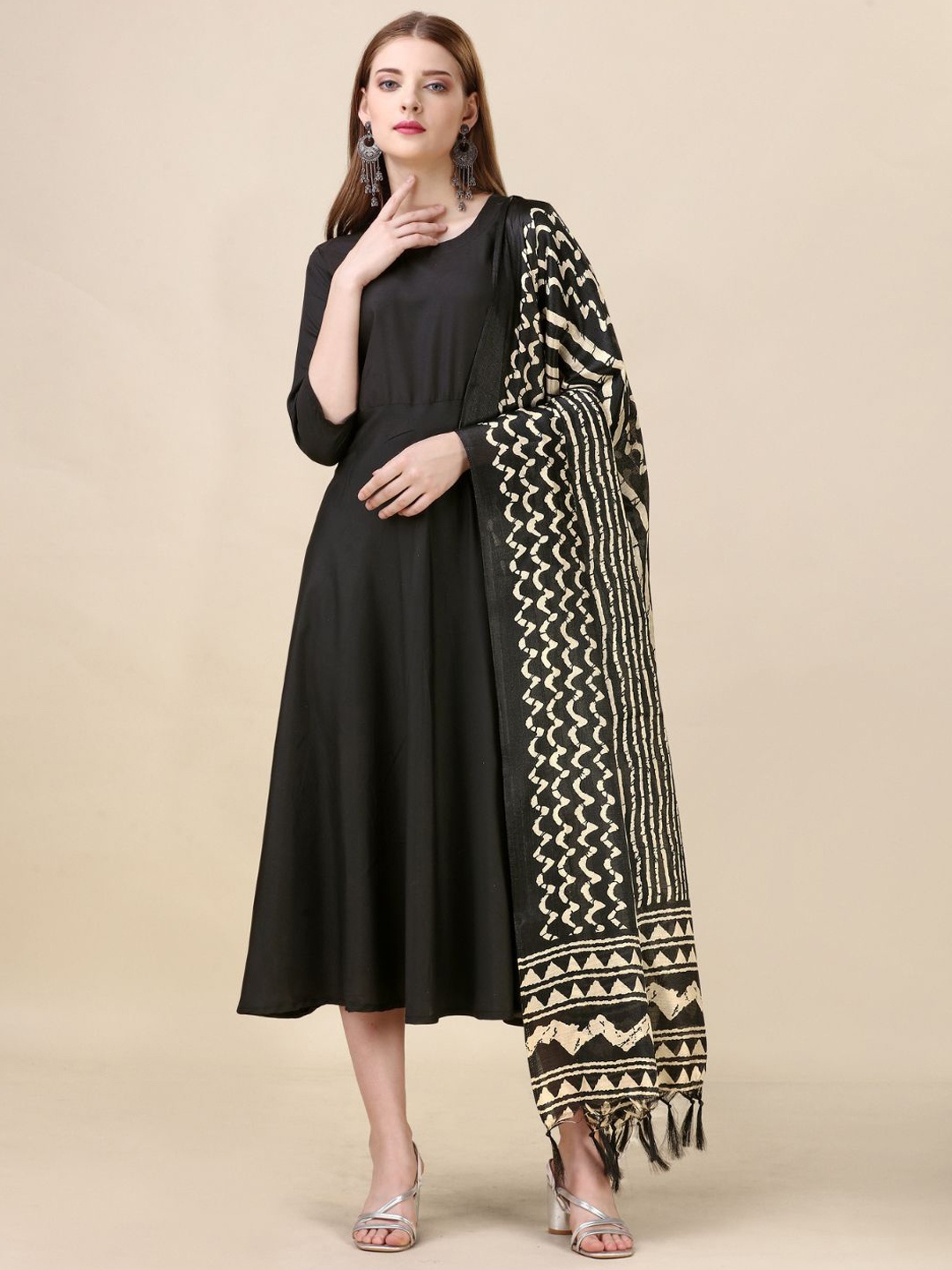 

FABDYOR Round Neck Cotton Midi Ethnic Dress with Dupatta, Black